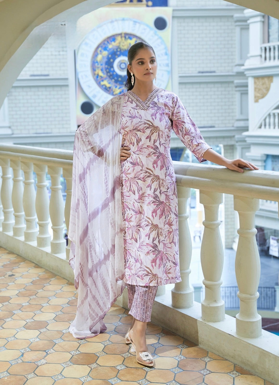 Bamboo Fabric Dobby Foil Print Straight Cut Kurta Pant Dupatta Set with Embroidery – Sizes XL to 3XL