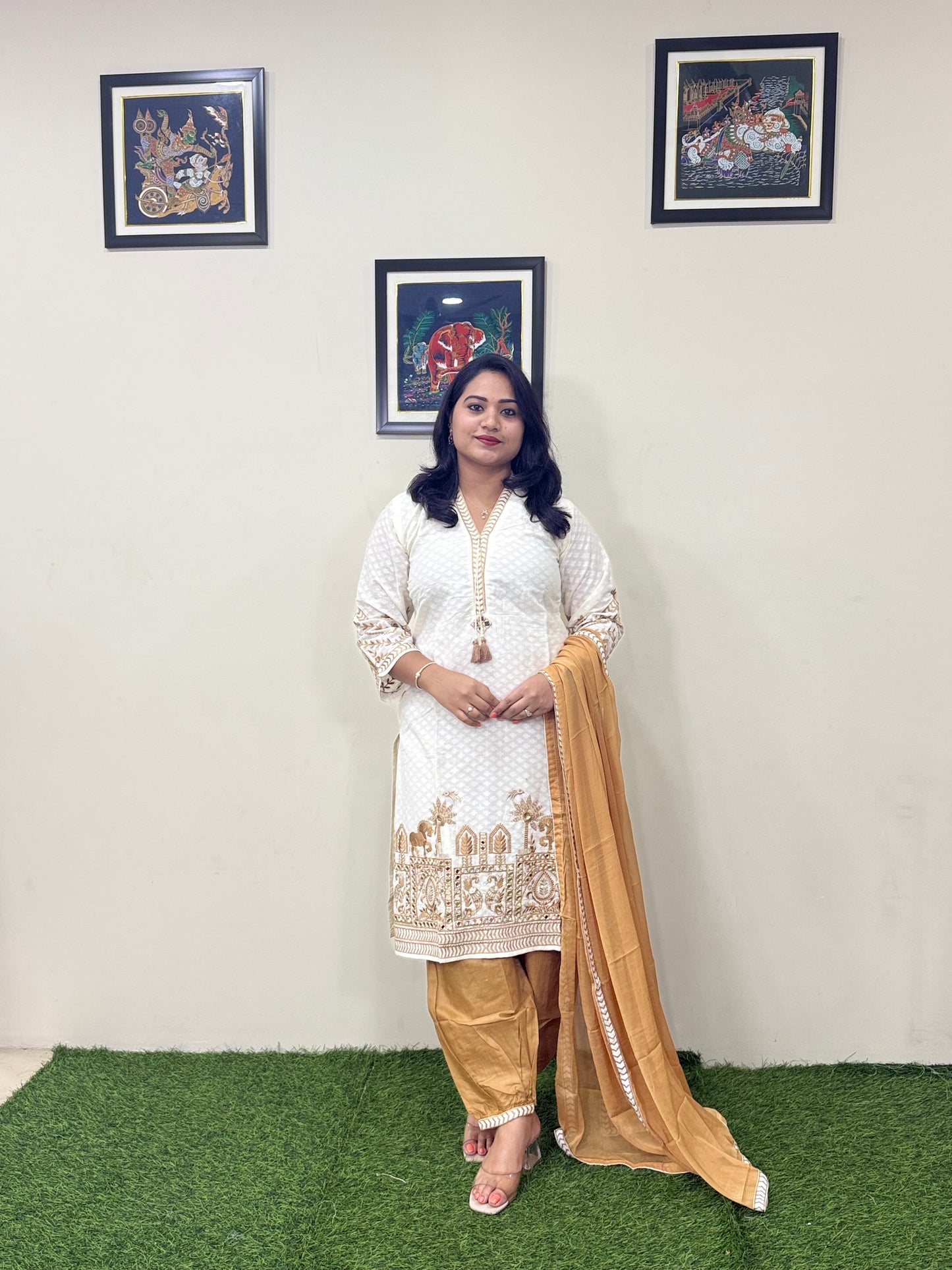 Cotton Dobby Kurti Afghani Pant Dupatta Set with Mirror Hand Work and Chiffon Dupatta for Women