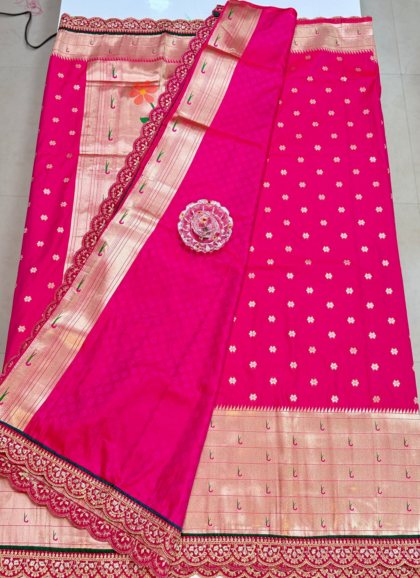Paithani Lace Border Saree with Parrot Motifs and Contrast Blouse
