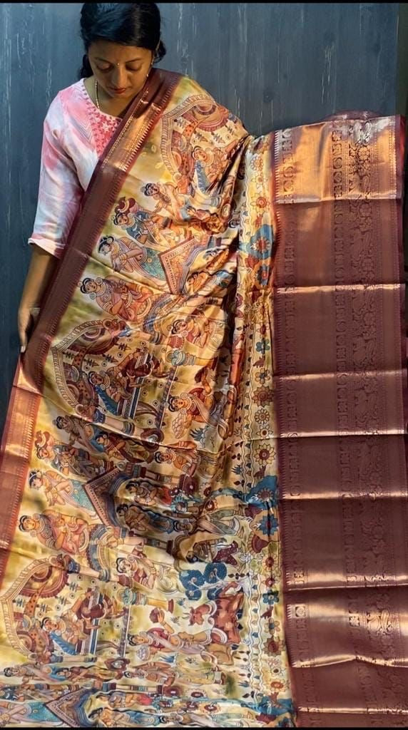 Pratibha Soft Banarasi Silk Kalamkari Block Print Designer Party Wear Saree