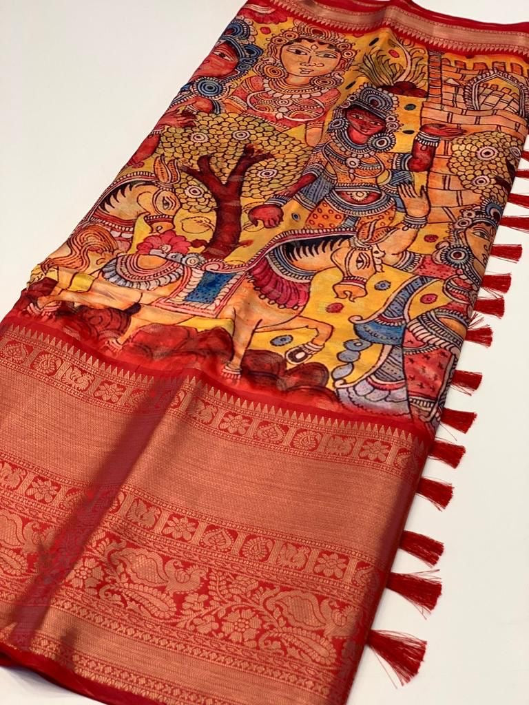Pratibha Soft Banarasi Silk Kalamkari Block Print Designer Party Wear Saree
