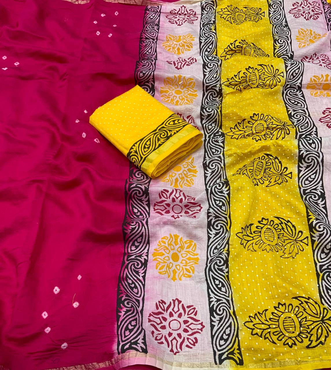 Exquisite Handcrafted Bandhani and Block Print Chanderi Cotton Saree