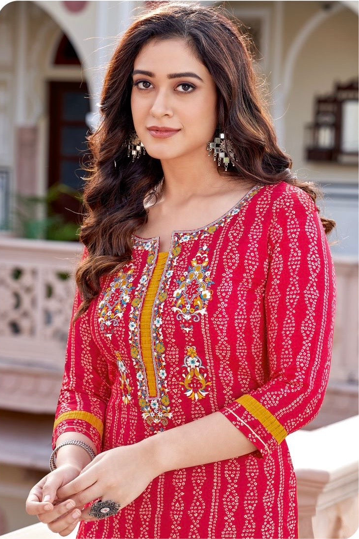 Rayon Printed Kurti with Embroidery and Handwork for Women – XL & XXL
