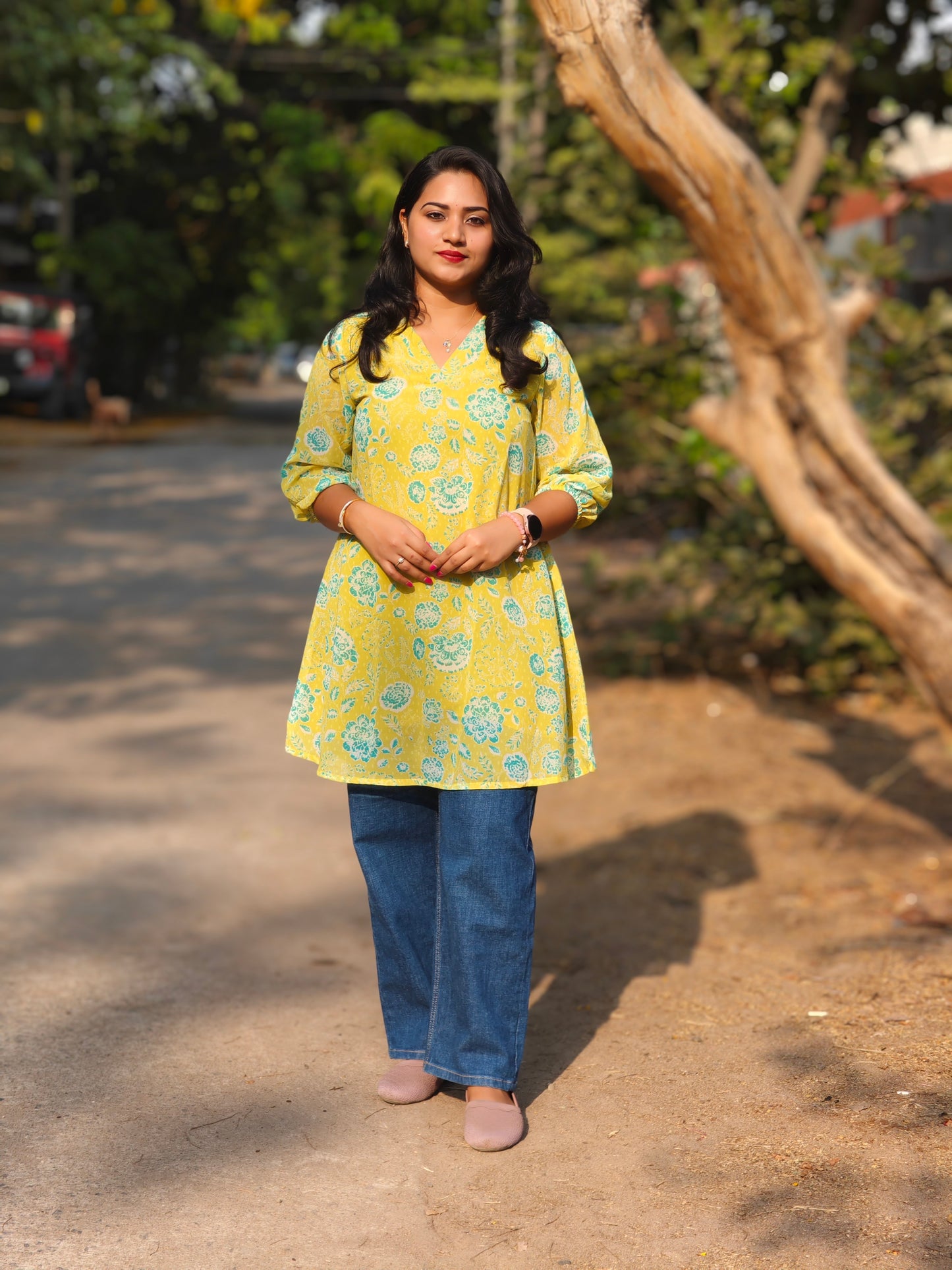 Lime Floral Design Georgette Tunic