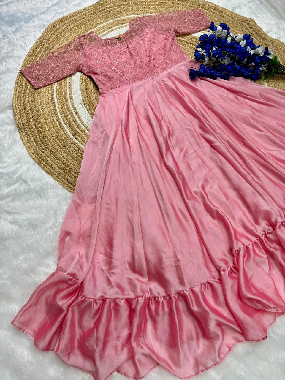 Stunning Pastel Pink Party Wear Gown with Butterfly Net and Embroidery