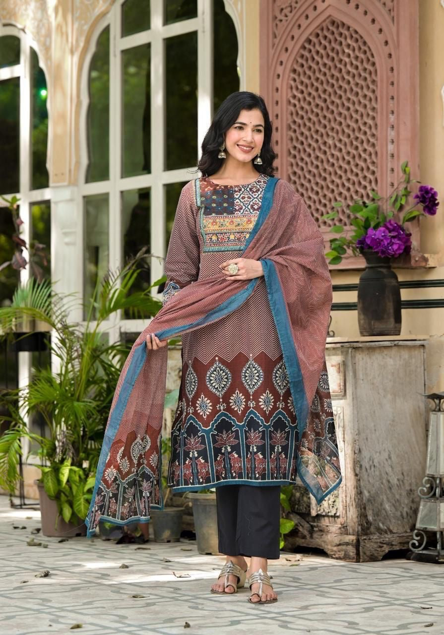 Cotton Kurta Pant Dupatta Set with Detailing Work – M to XXL