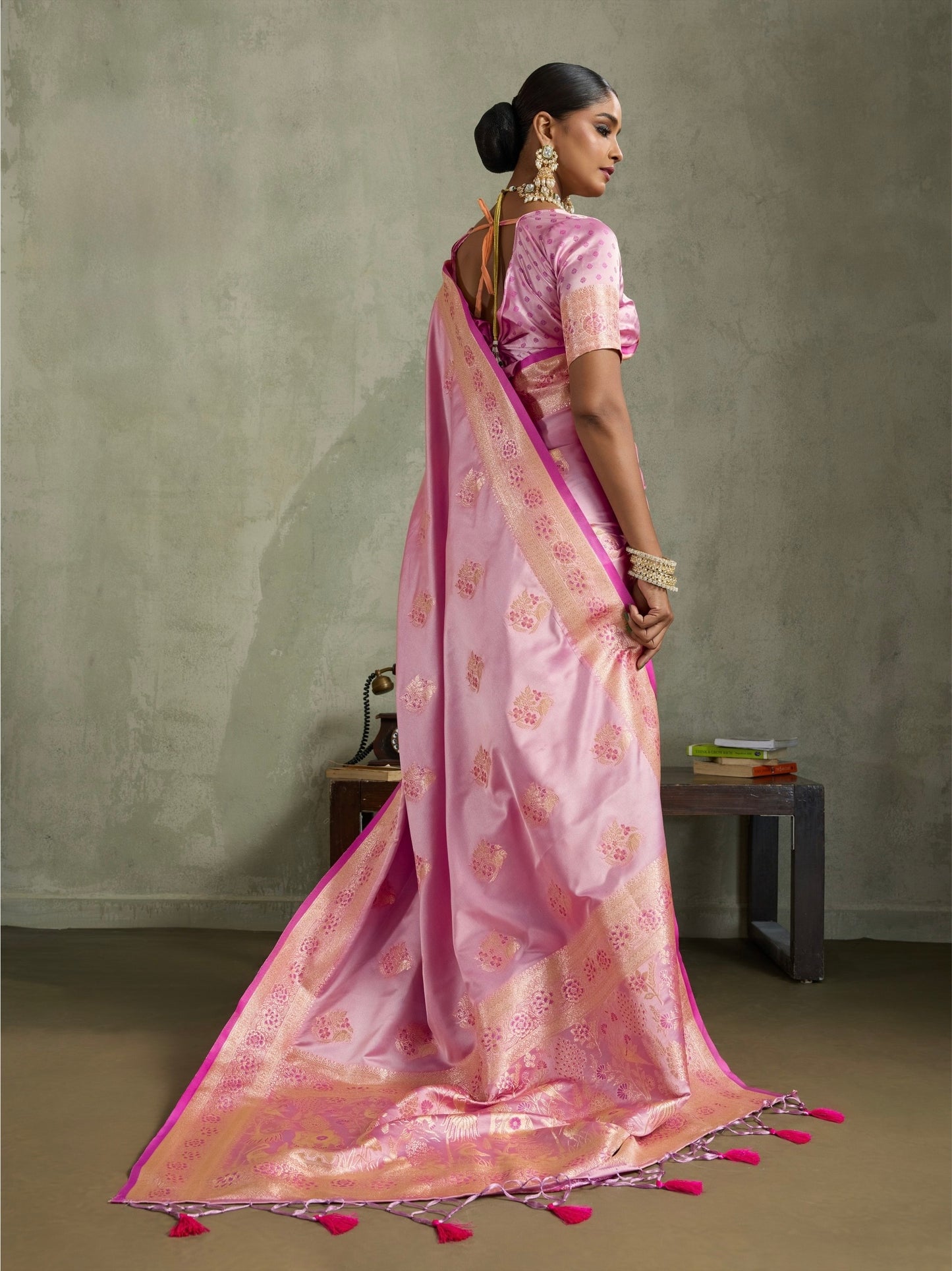 Satin Silk Saree with Zari Weaving and Meenakari Pallu for Women