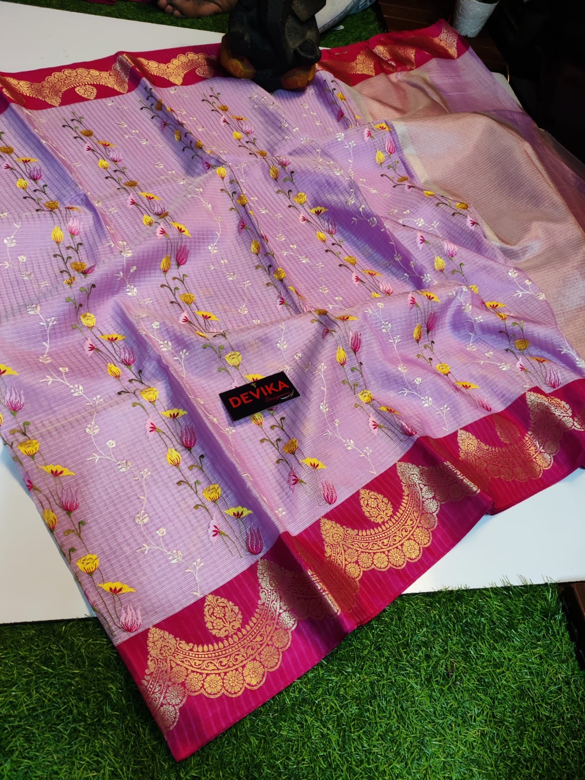 Banarasi Handloom - New Arrivals - Kota Check fabric and intricate multi-color Mina embroidery