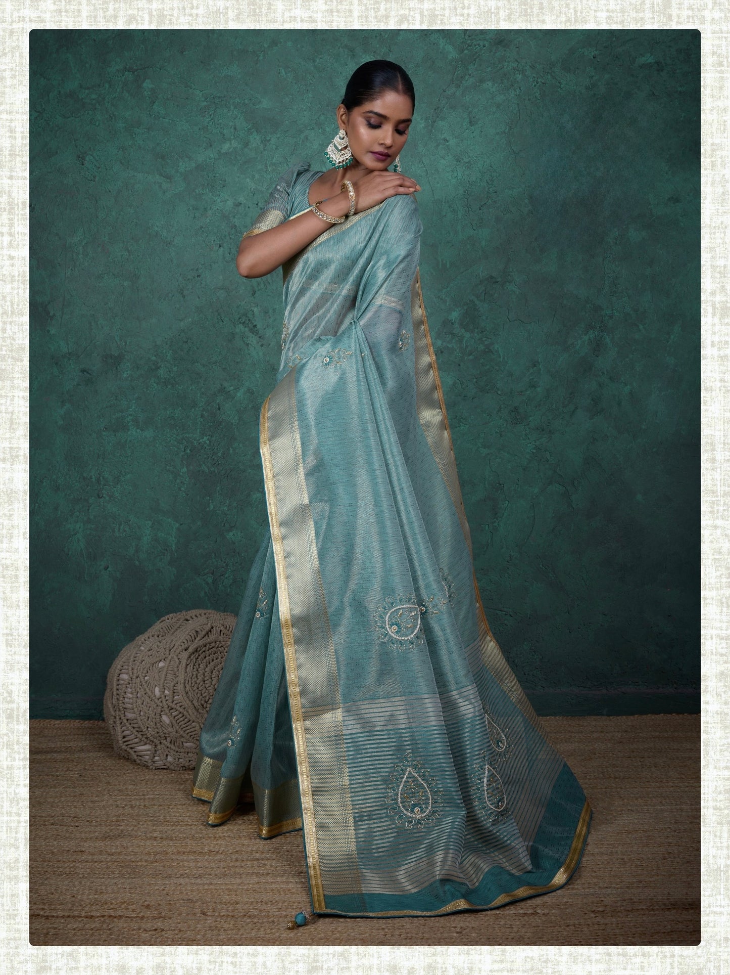 linen tissue saree with handwork motifs, lace detailing, and designer blouse – lightweight ethnic wear for women