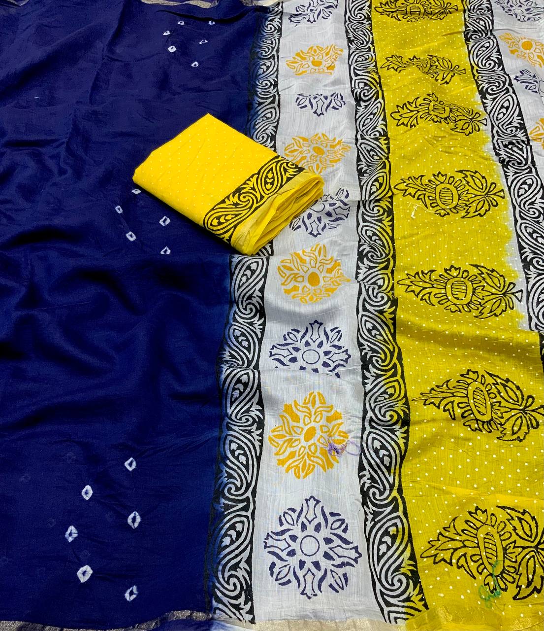 Exquisite Handcrafted Bandhani and Block Print Chanderi Cotton Saree