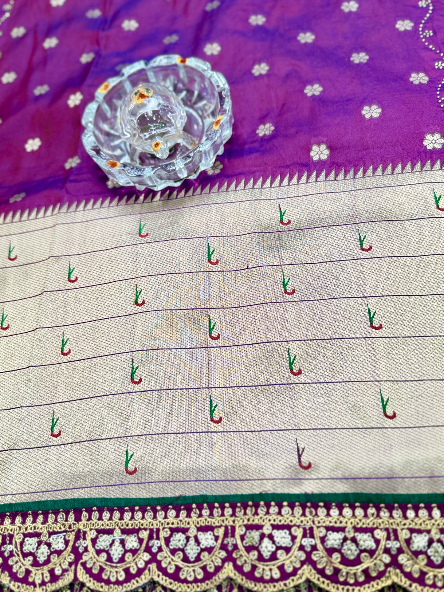 Paithani Lace Border Saree with Parrot Motifs and Contrast Blouse