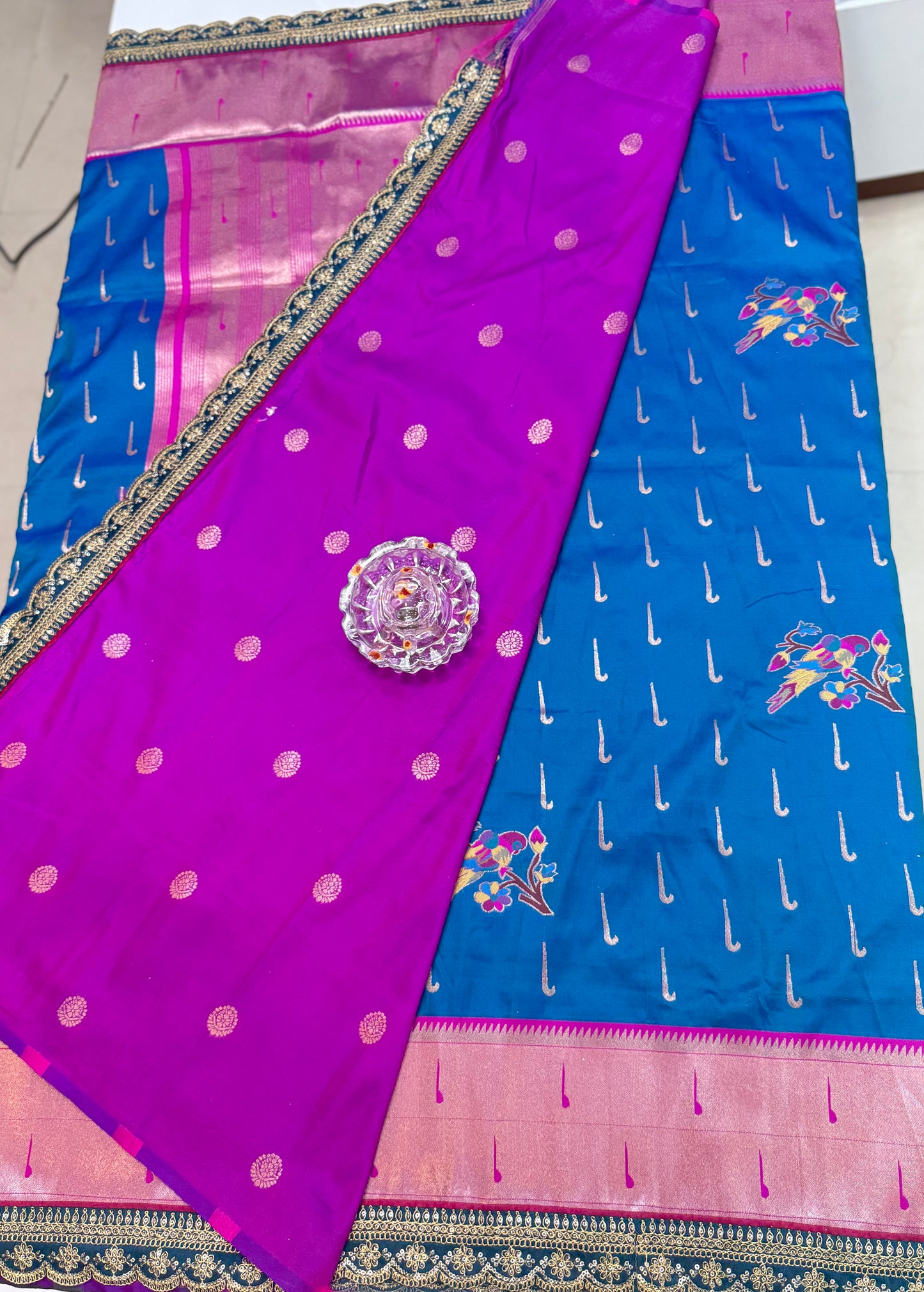 Paithani Lace Border Soft Silk Saree with Contrast Blouse for Women