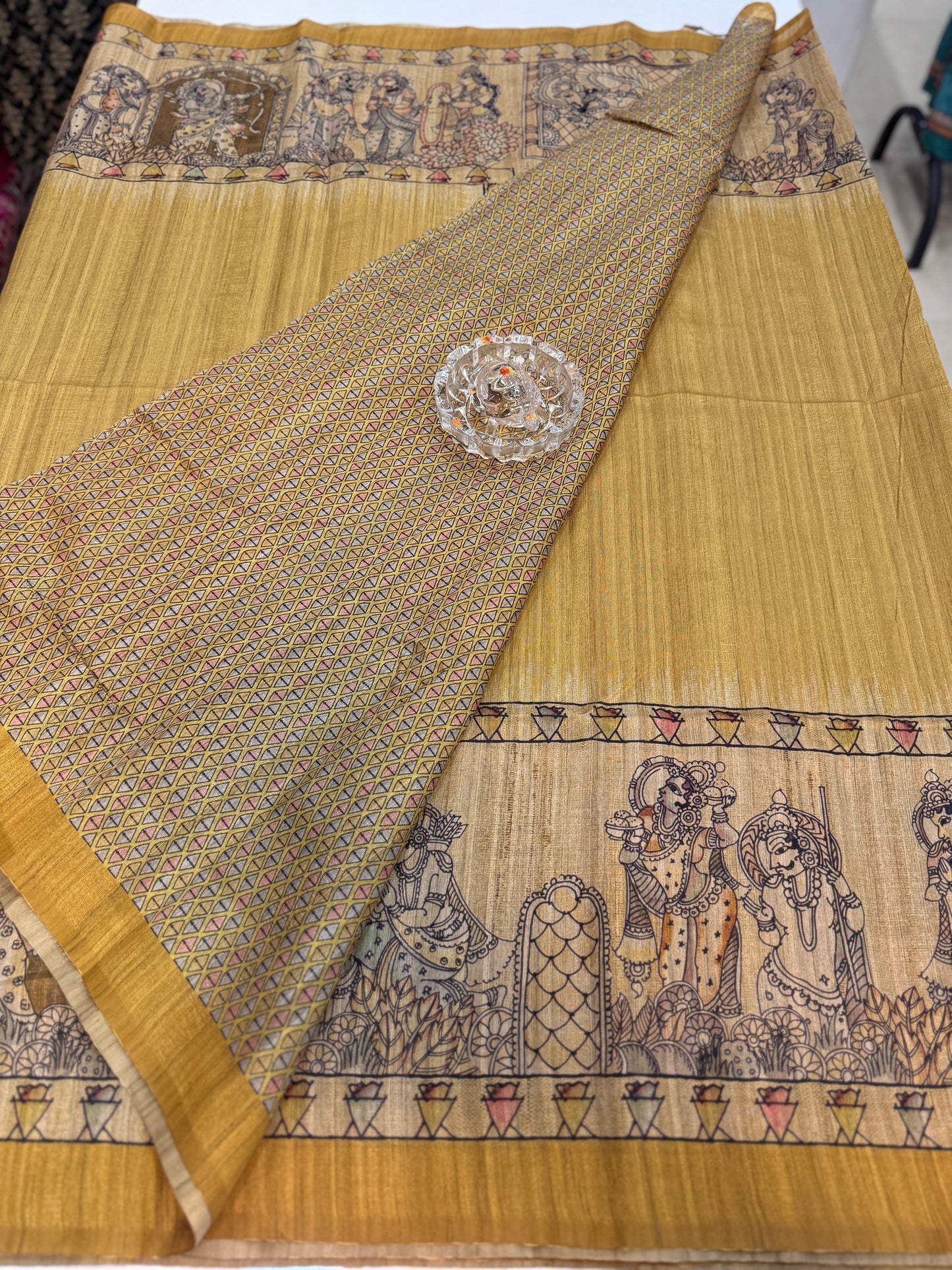 Spider Silk Saree with Folk Art Print Border and Tassel Pallu