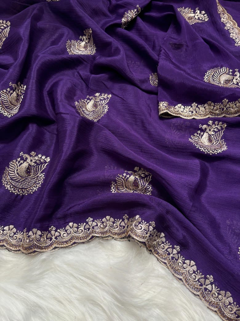 Embroidered Chinnon Fancy Saree
