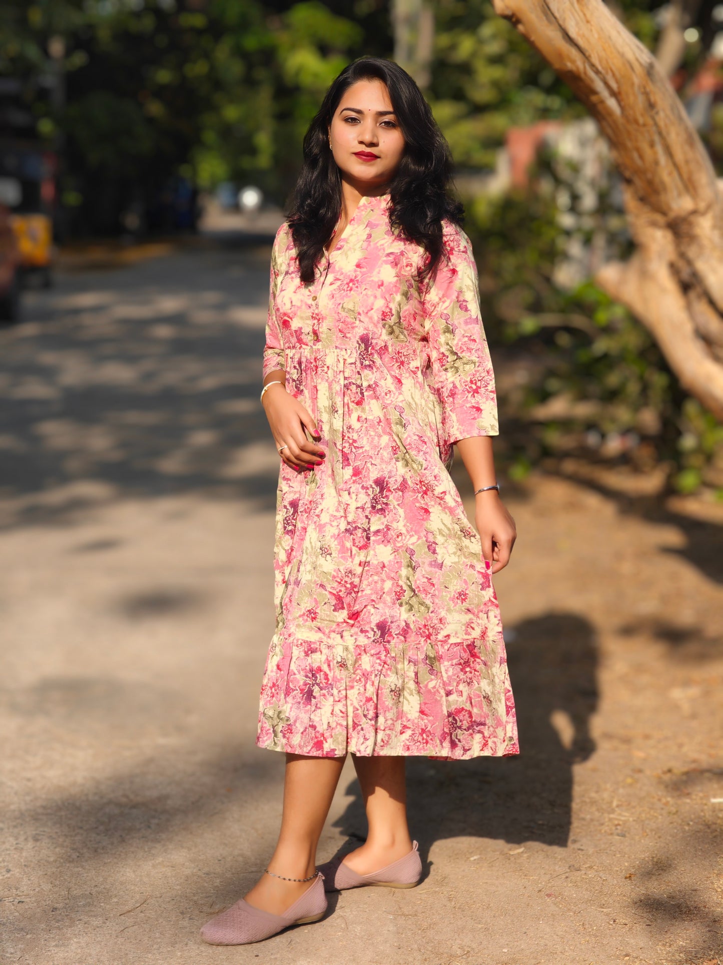 Pink Cotton Abstract Gathered Dress JAA182