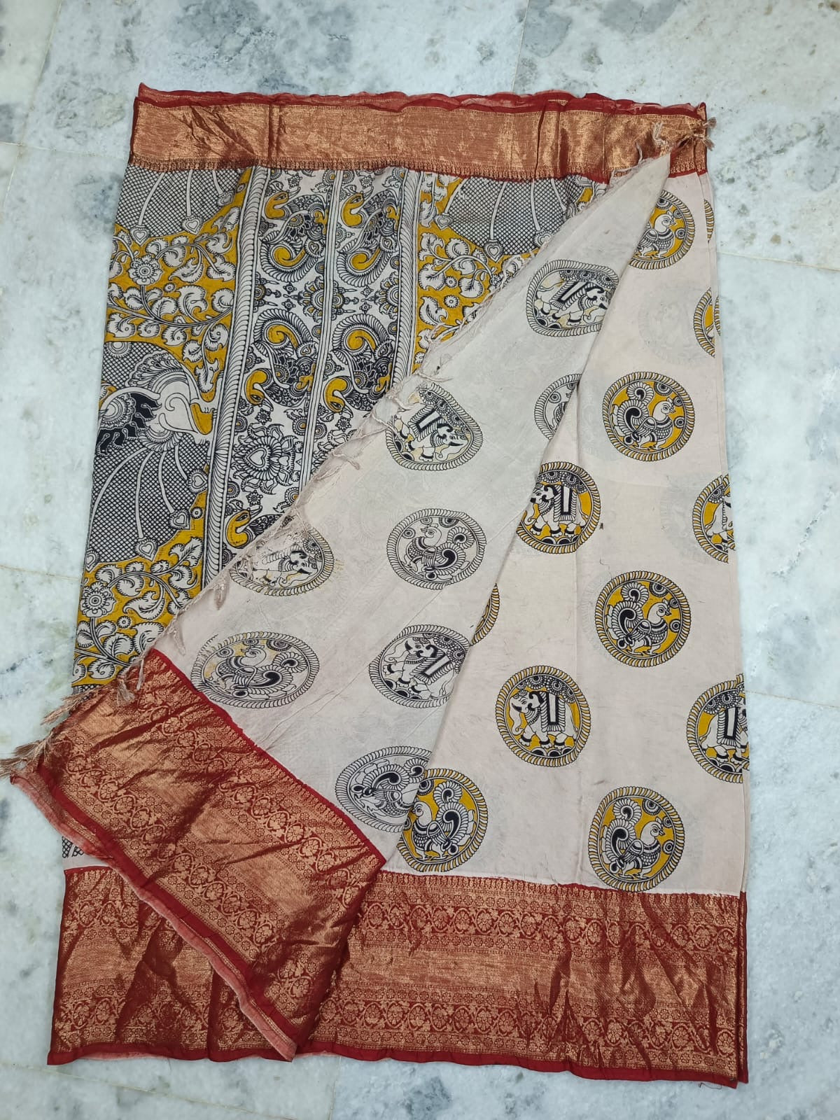 Handloom Nellore Silk Saree with Kanchi Border & Kalamkari Print
