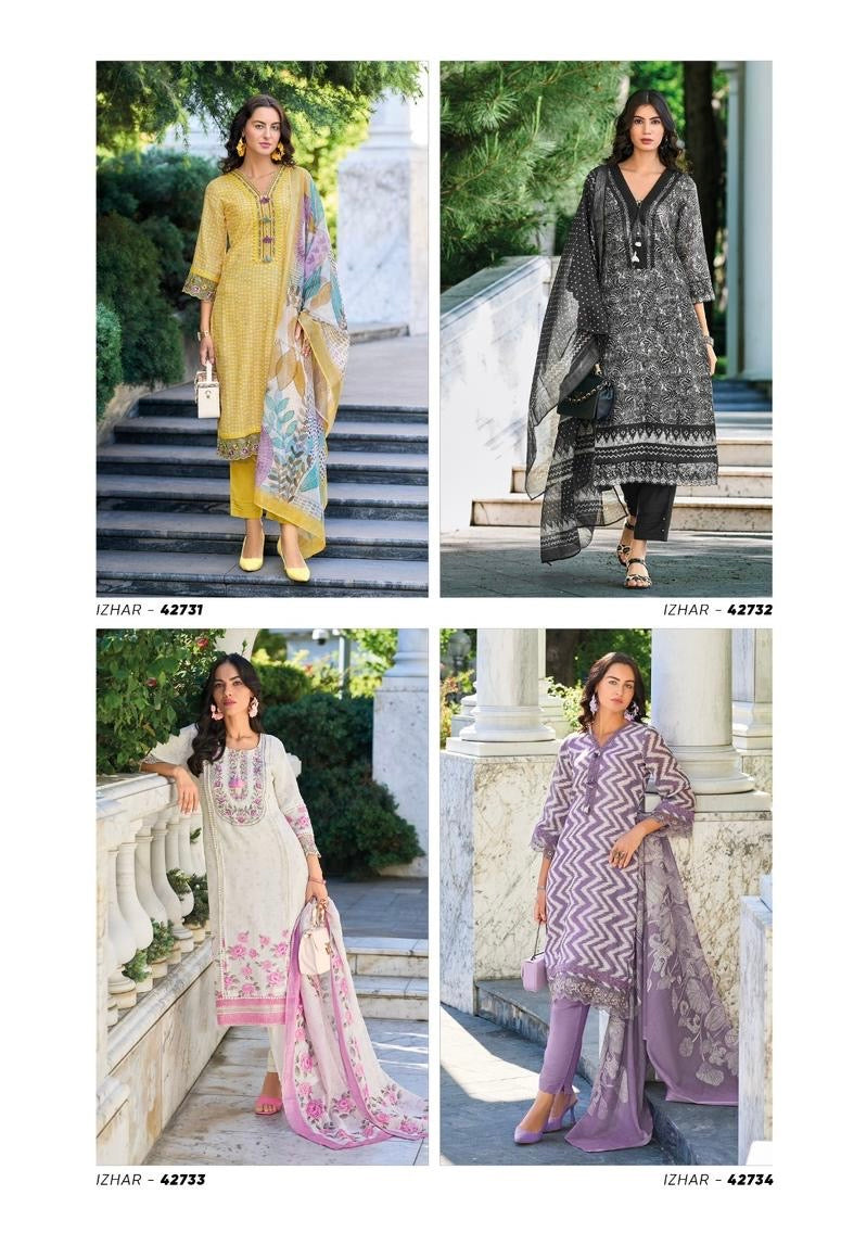 Pure linen fabric with digital prints, pure hand-thread work, and accessory work