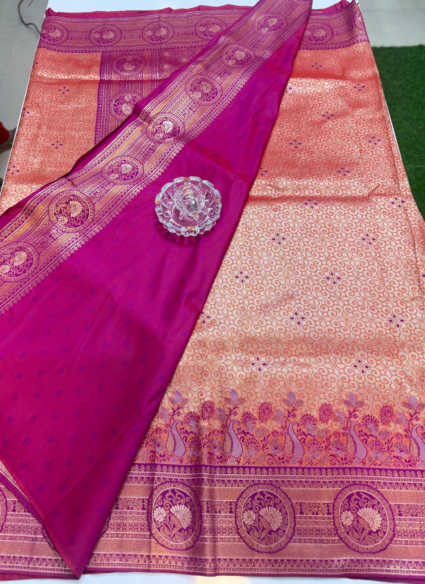Kanjivaram Soft Silk Saree with Meenakari Weaving, Broad Pattu and Potli Tassels – Wedding Silk Saree for Women