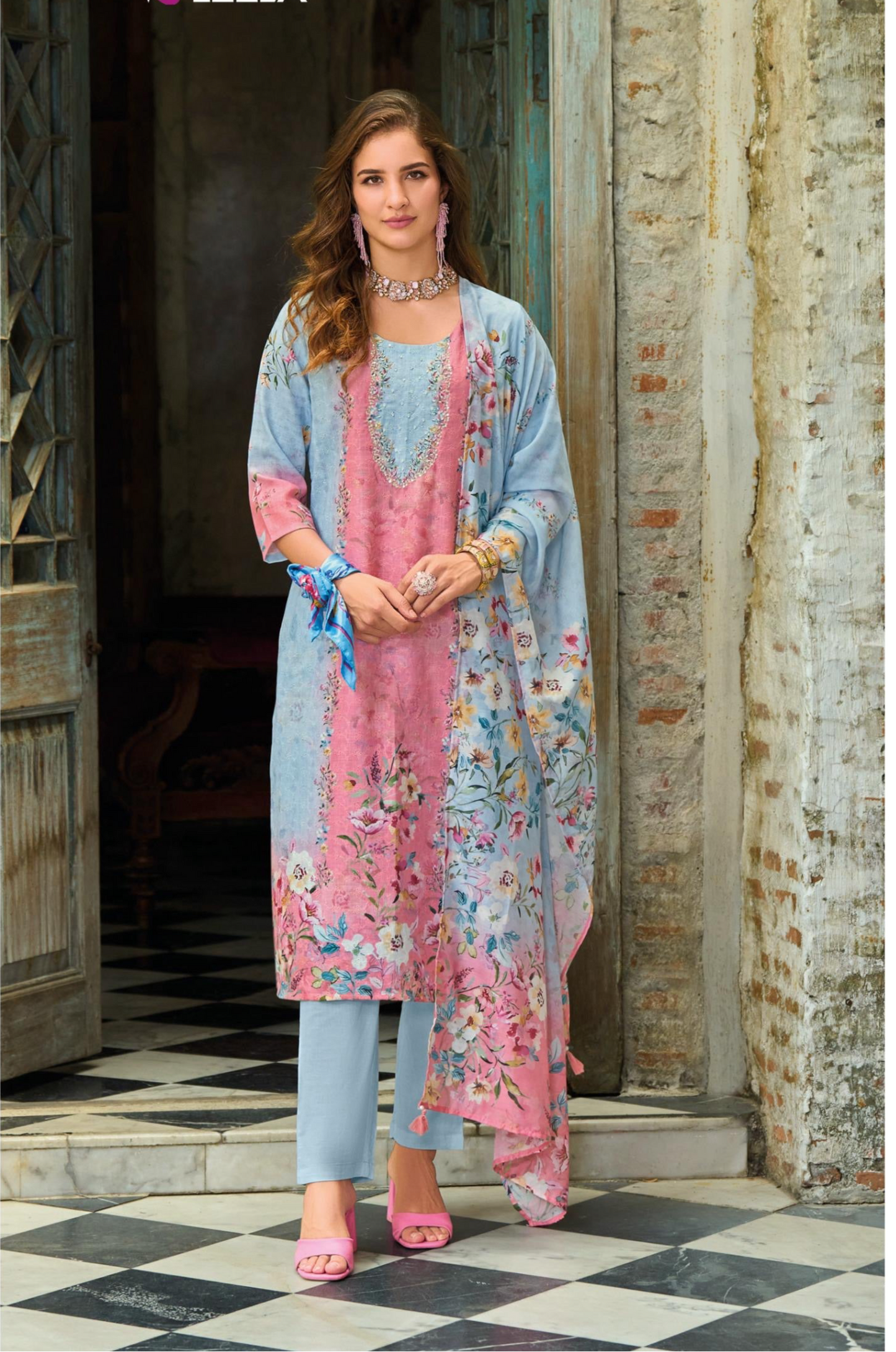 Women’s Linen Schiffli Embroidered Kurta Set with Cotton Pant and Viscose Mal Dupatta – L to 3XL