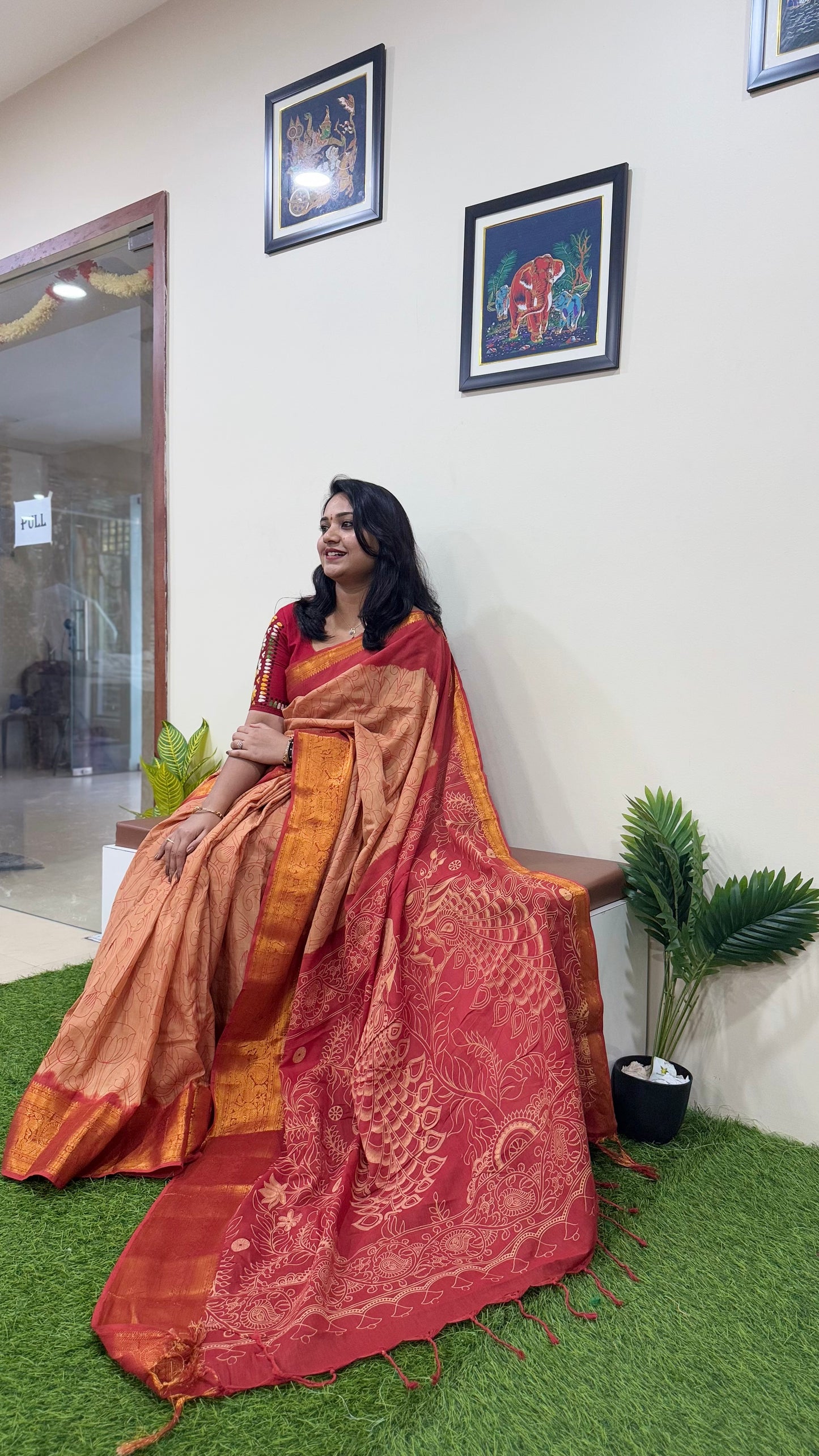 Exquisite Chennuri Pure Silk Saree with Kanchi Borders & Outline Kalamkari Designs