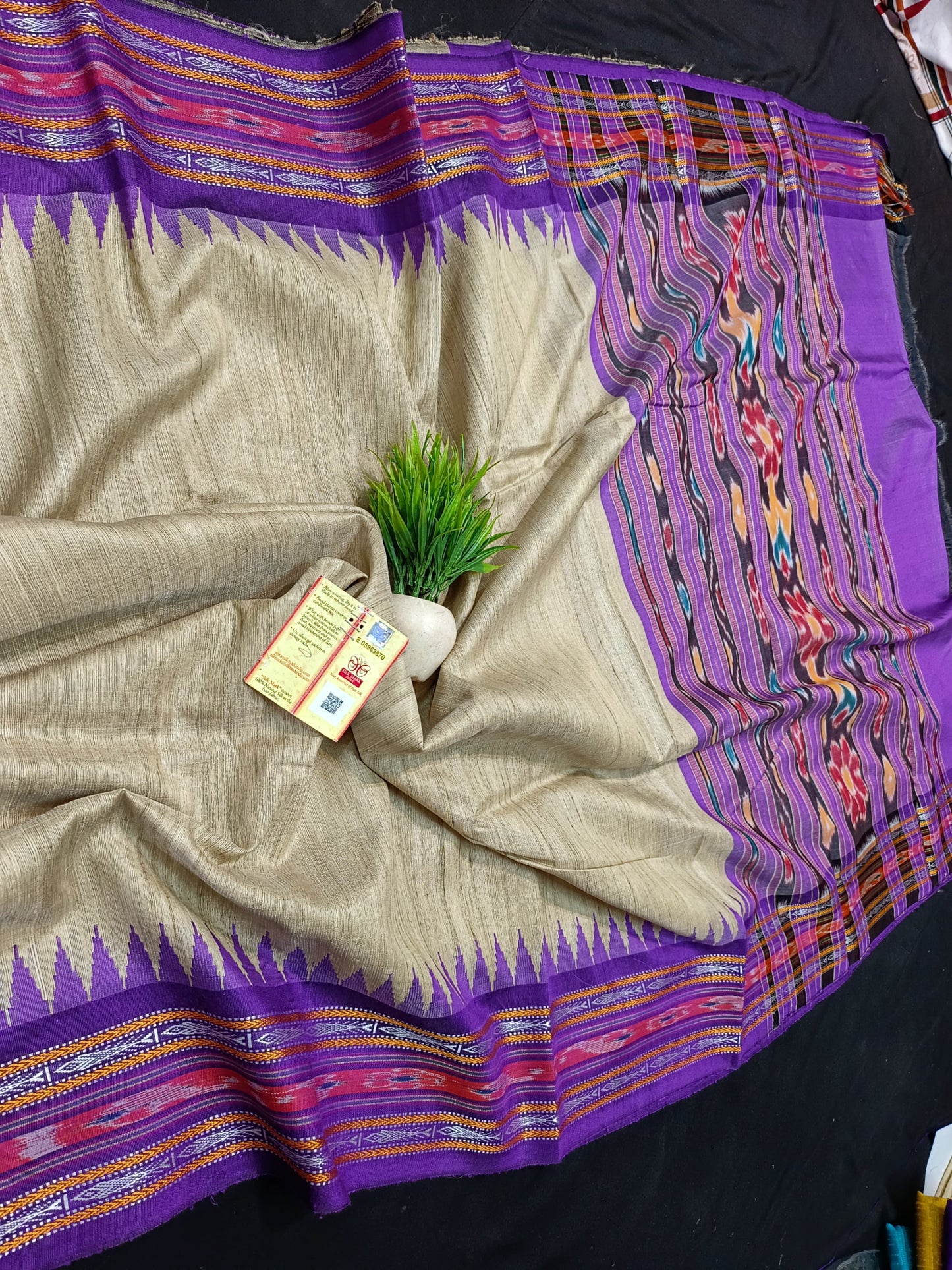 CLEARANCE SALE Elegance Embroidered Handloom Tussar Silk Saree with Ikkat and Vidarbha Temple Border