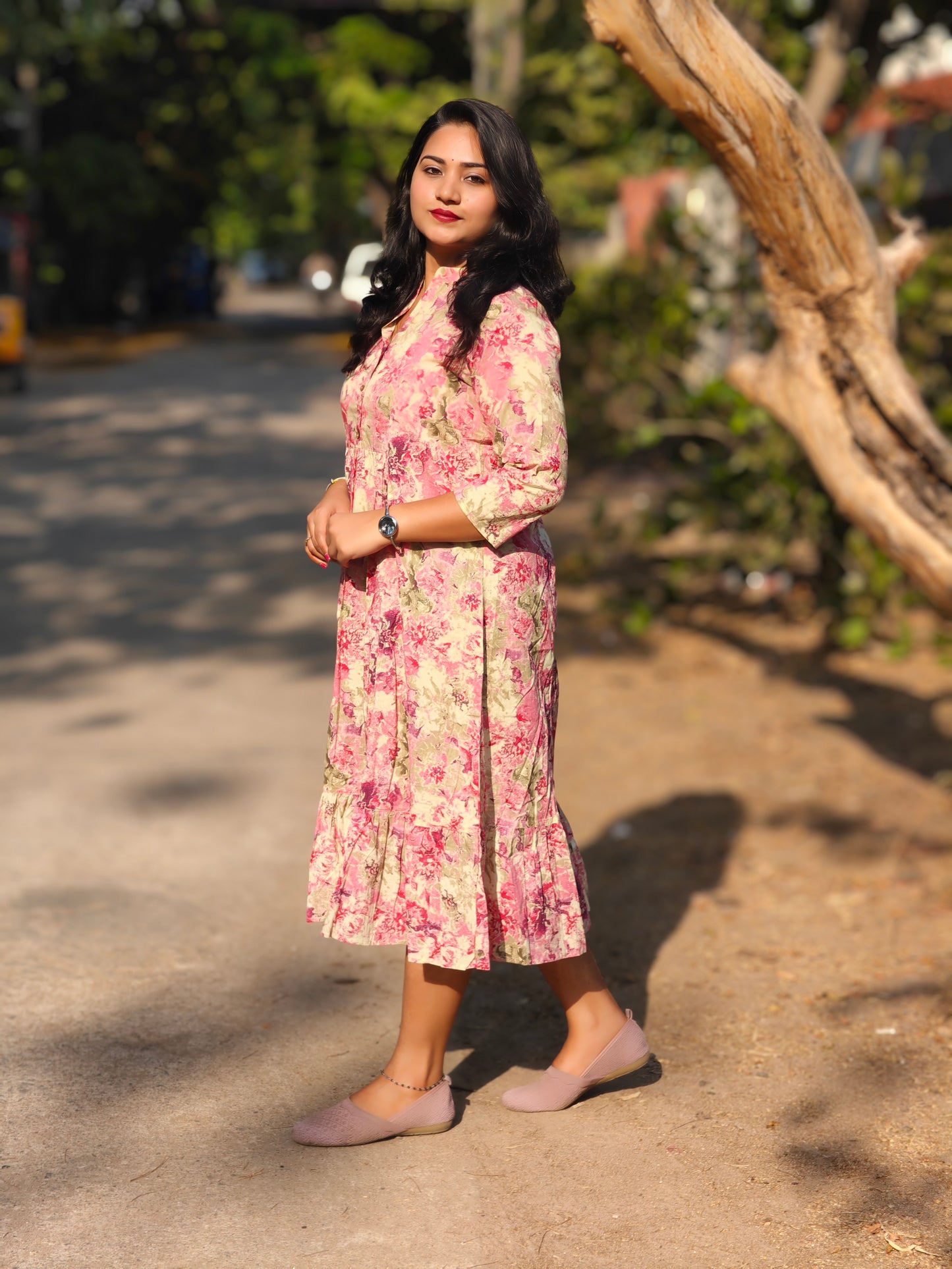 Pink Cotton Abstract Gathered Dress JAA182