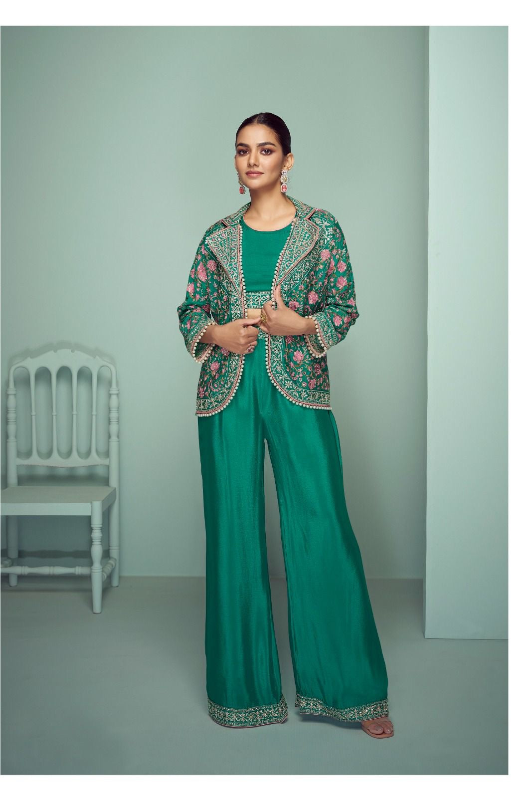 Real Chinon 3-Piece Ethnic Set with Front and Back Embroidery, Mirror Work, and Tassel Lace – Free Size Stitched