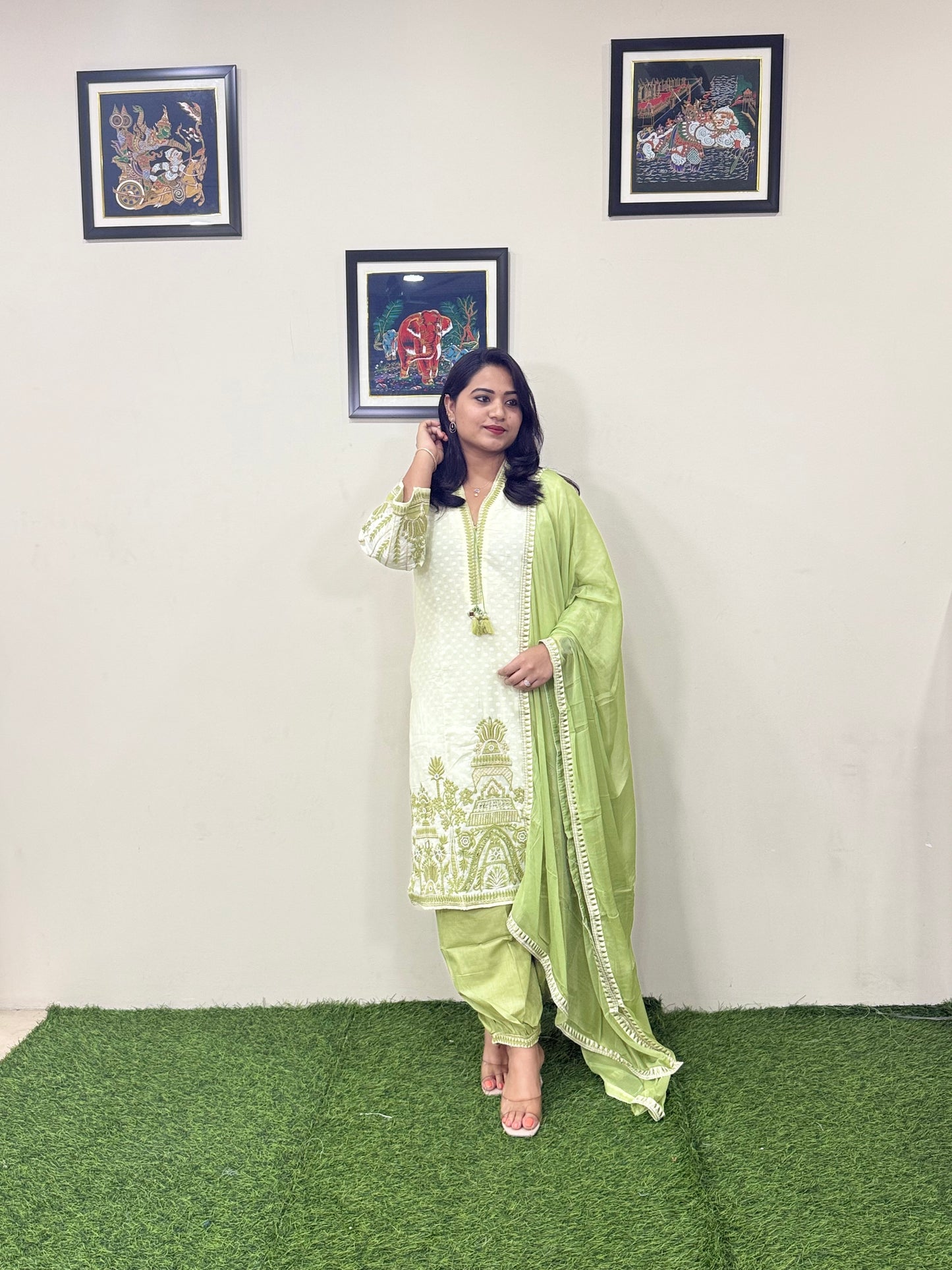 Cotton Dobby Kurti Afghani Pant Dupatta Set with Mirror Hand Work and Chiffon Dupatta for Women