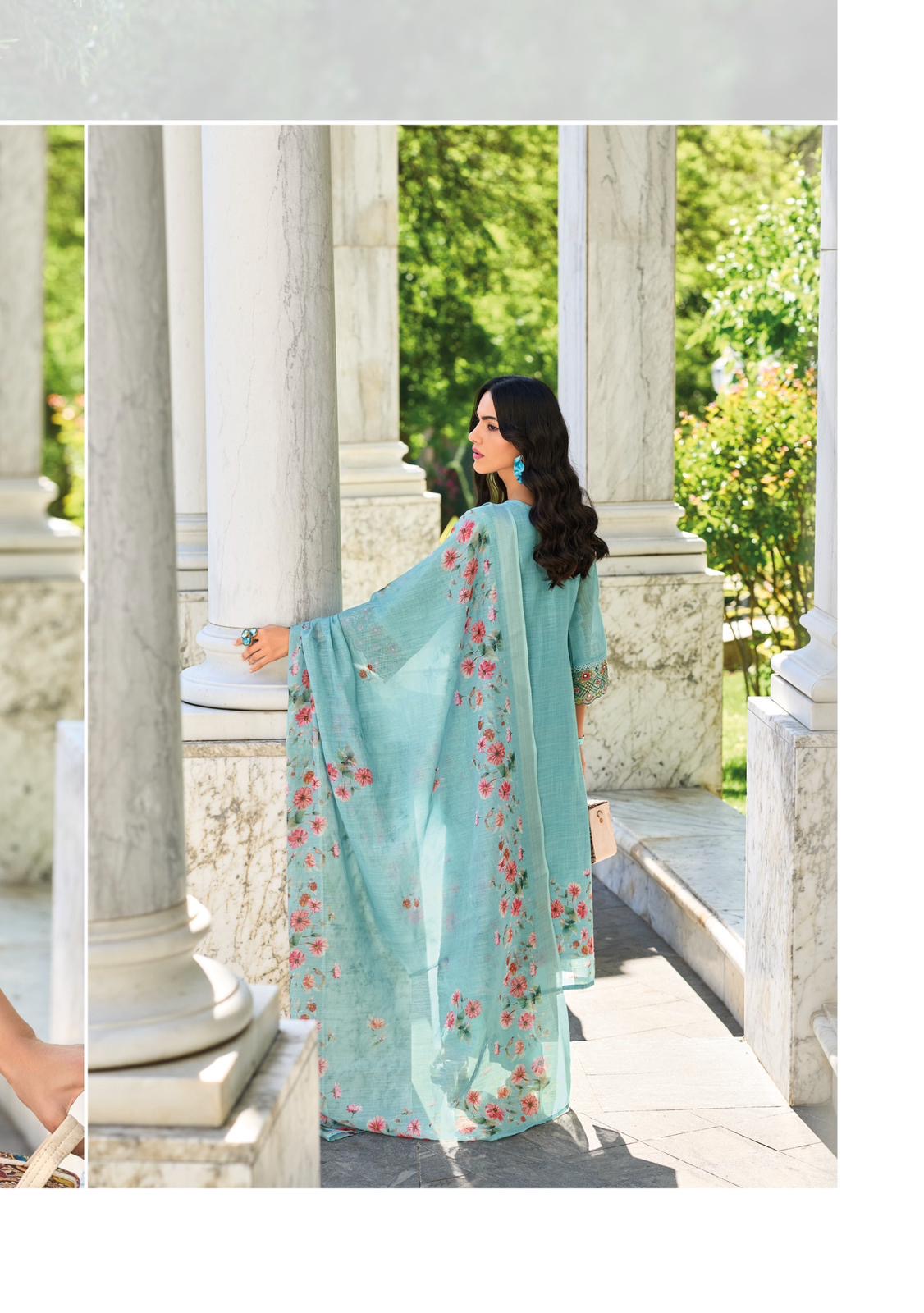 Pure linen fabric with digital prints, pure hand-thread work, and accessory work