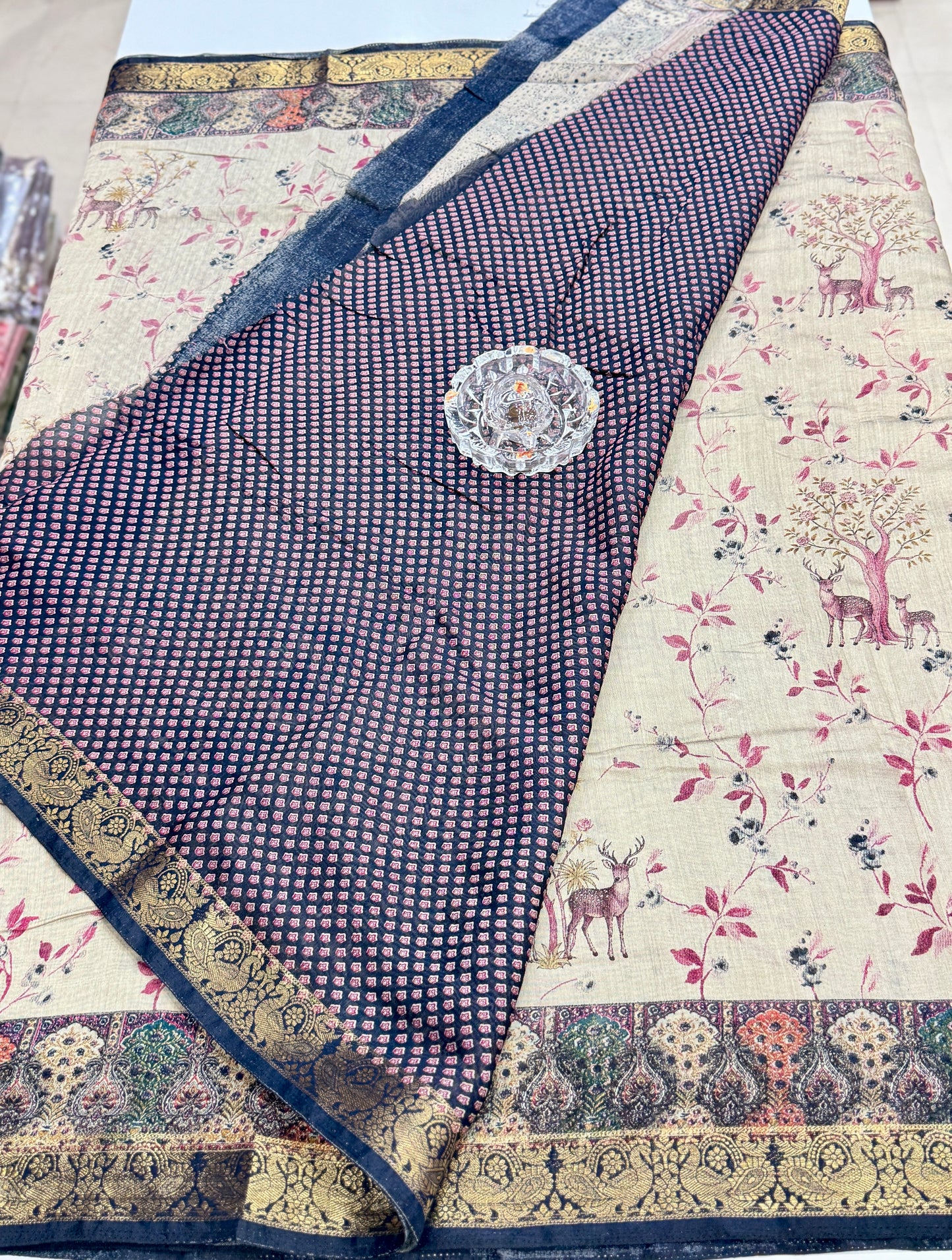 Chennuri silk style printed saree with traditional artwork border and unstitched blouse fabric for women