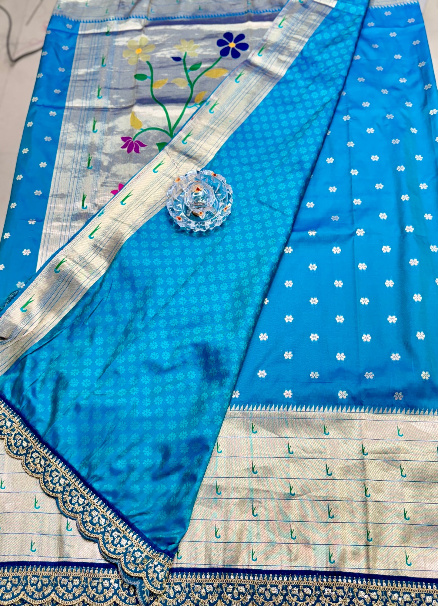 Paithani Lace Border Saree with Parrot Motifs and Contrast Blouse