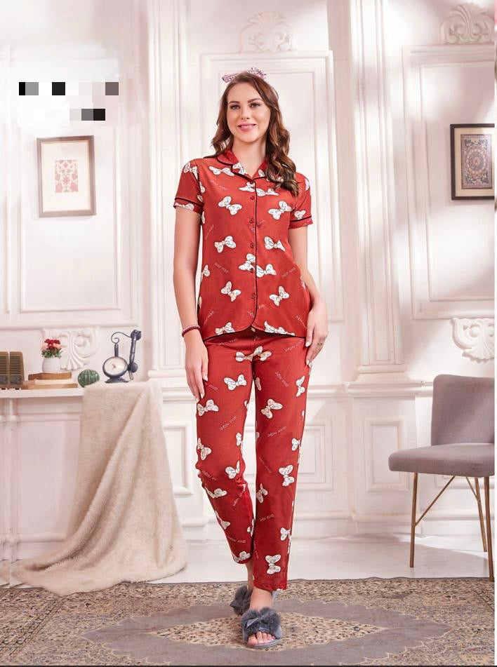 Printed Sinker Fabric Collar Night Suit Set – Women’s Loungewear & Nightwear (M to 2XL)