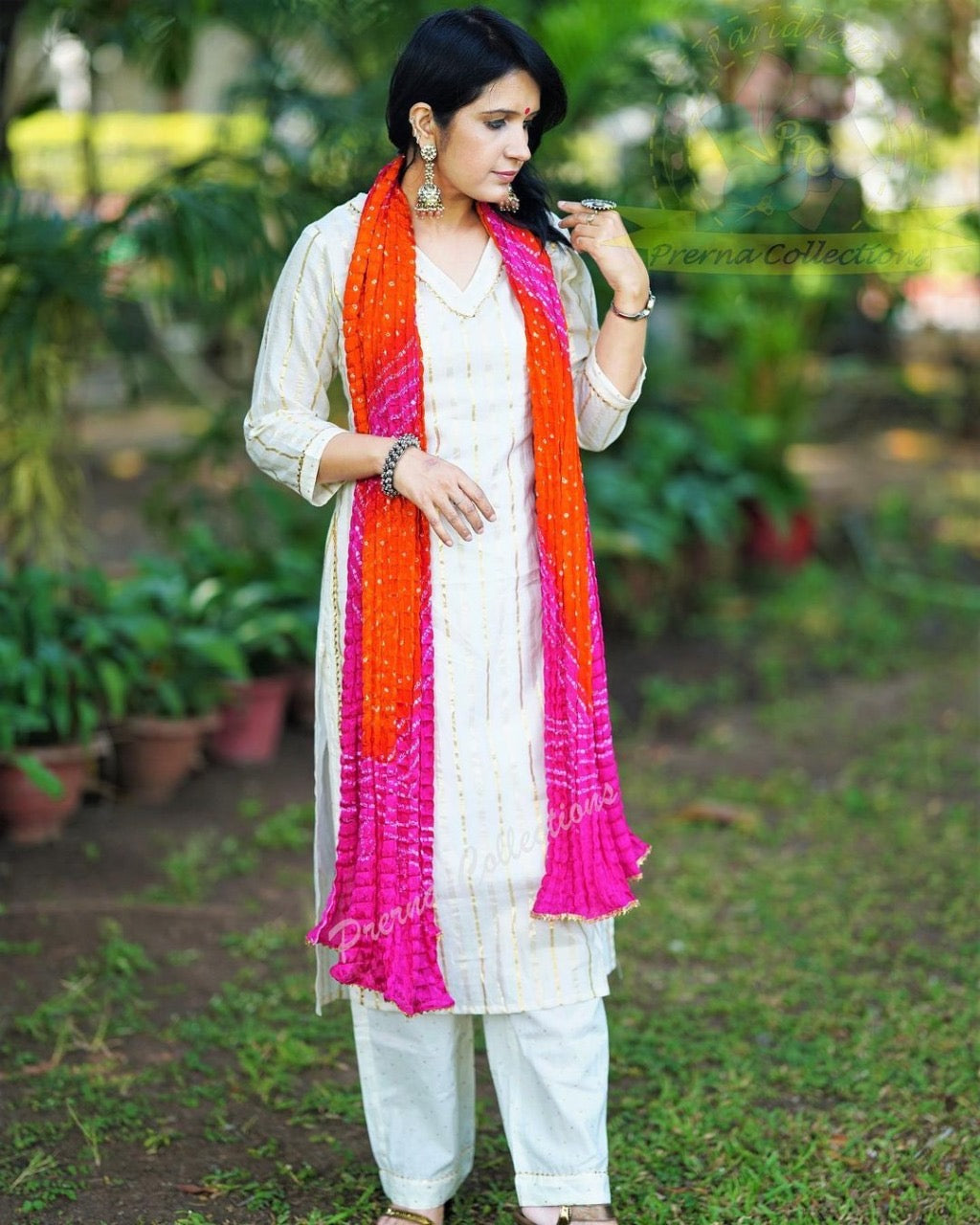 Lurex Cotton Kurti Pant Set with Pure Bandhej Silk Dupatta – 3-Piece Ethnic Wear for Women – Sizes 36 to 44