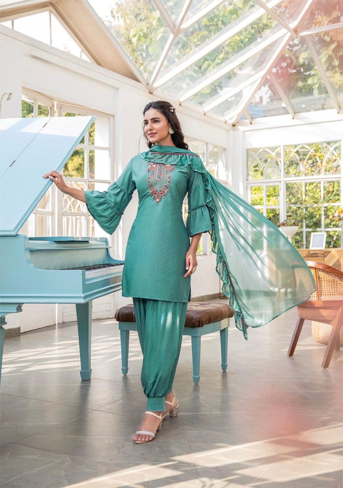 Bamber Silk Kurti Afghani Pant Dupatta Set with Embroidery and Chinon Chiffon Dupatta – Sizes L to 3XL