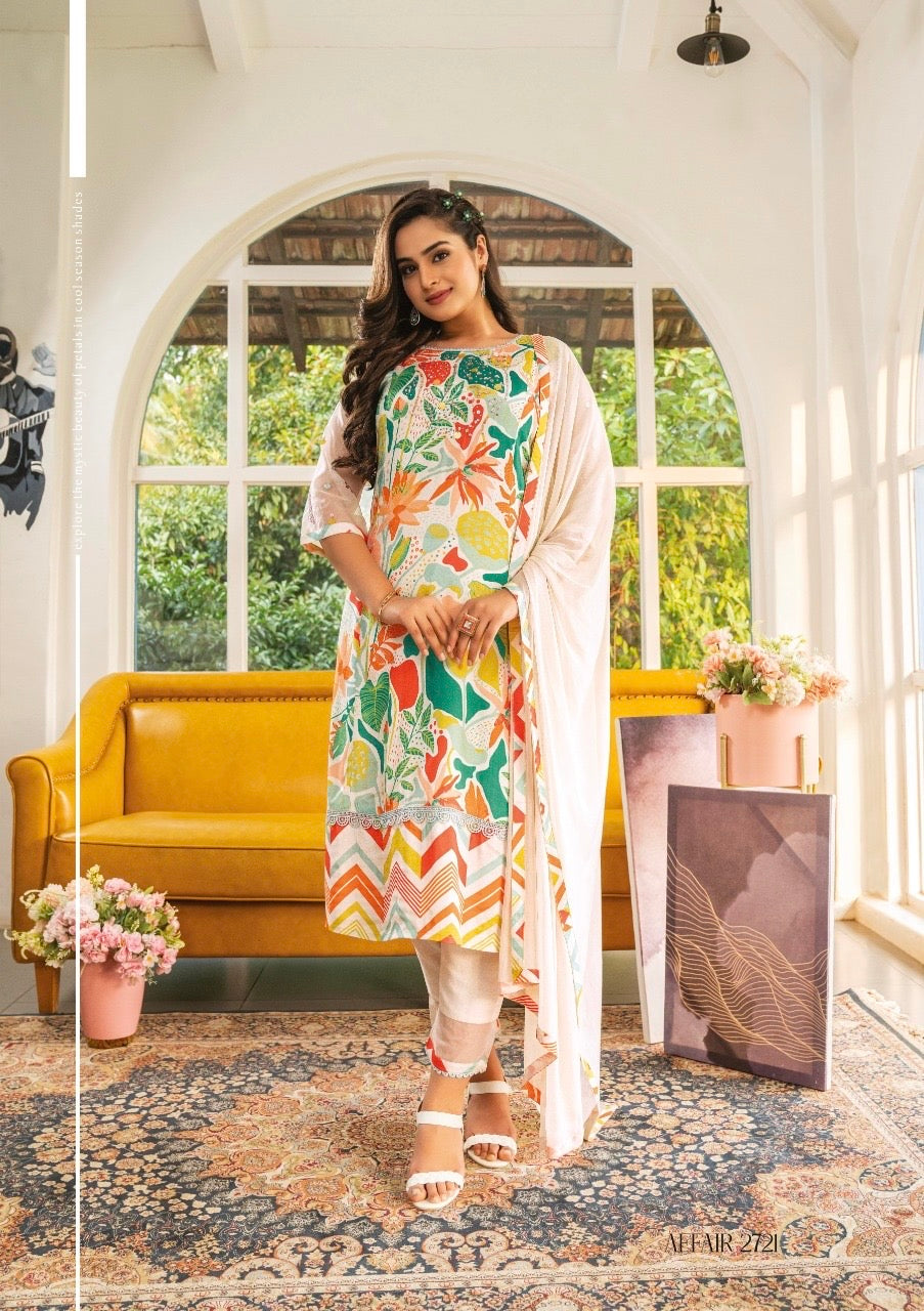 Viscose Satin Silk Kurti Pant Dupatta Set with Digital Print and Hand Embellishments for Women – XL to 3XL