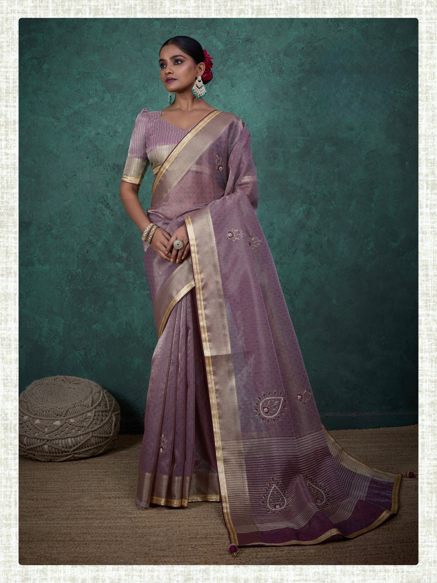 linen tissue saree with handwork motifs, lace detailing, and designer blouse – lightweight ethnic wear for women