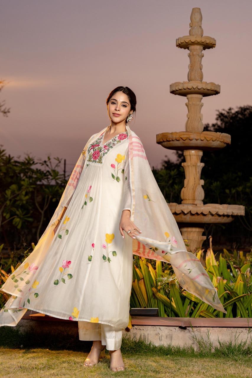Mal Chanderi Anarkali Kurti Pant Dupatta Set with Embroidery and Hand-Painted Digital Design for Women