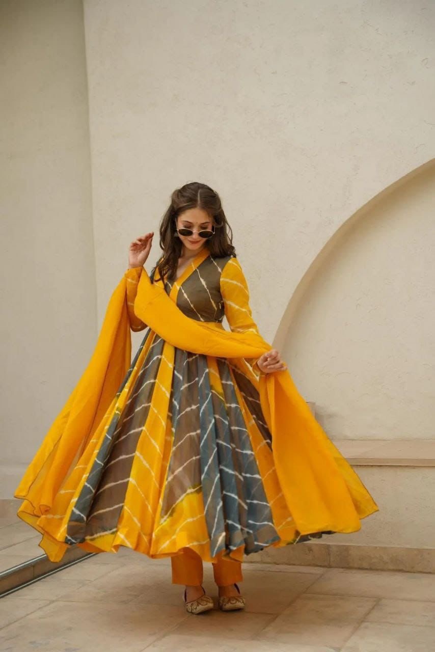 Vrinda Leheriya Georgette Kurti Pant Dupatta Set for Women – Anarkali Dupatta – Yellow & Grey – Sizes L to XXXL