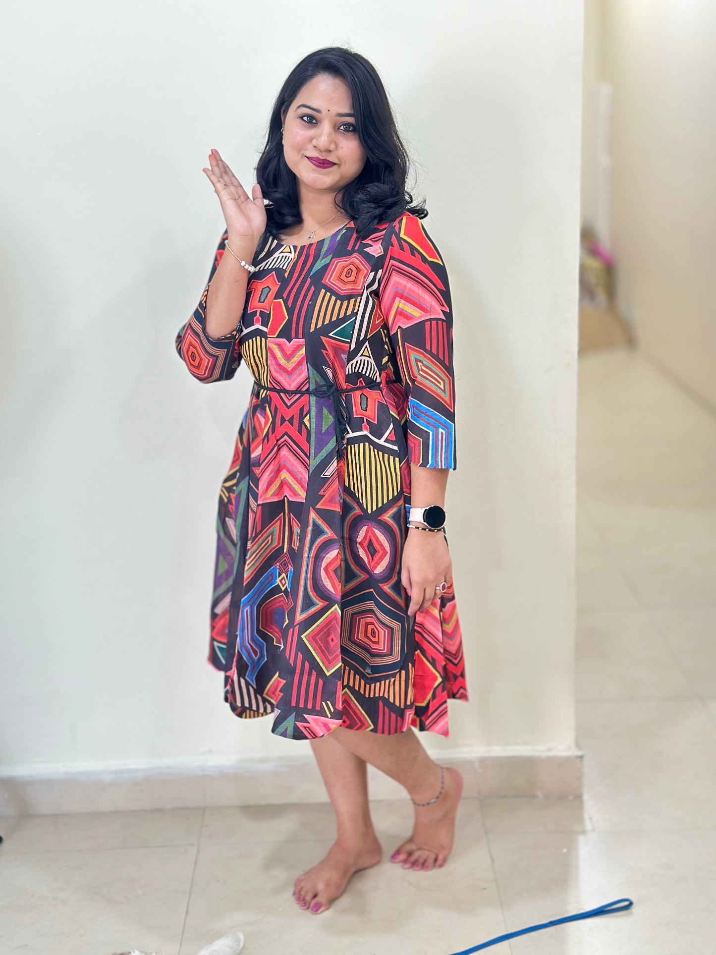 Vibrant Indo-Western Cotton Linen Midi Dress with Geometric Print