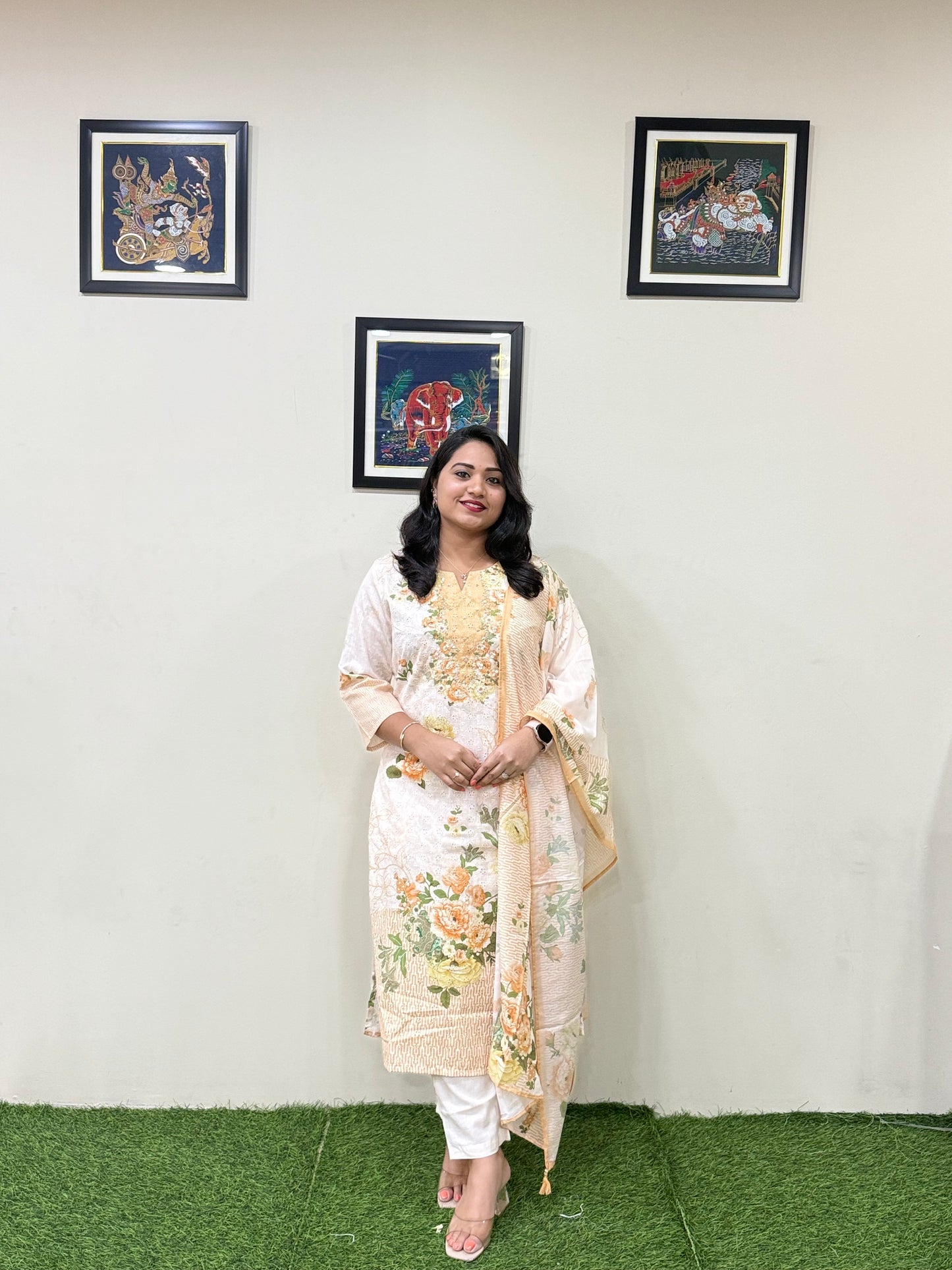 Women’s Linen Schiffli Embroidered Kurta Set with Cotton Pant and Viscose Mal Dupatta – L to 3XL