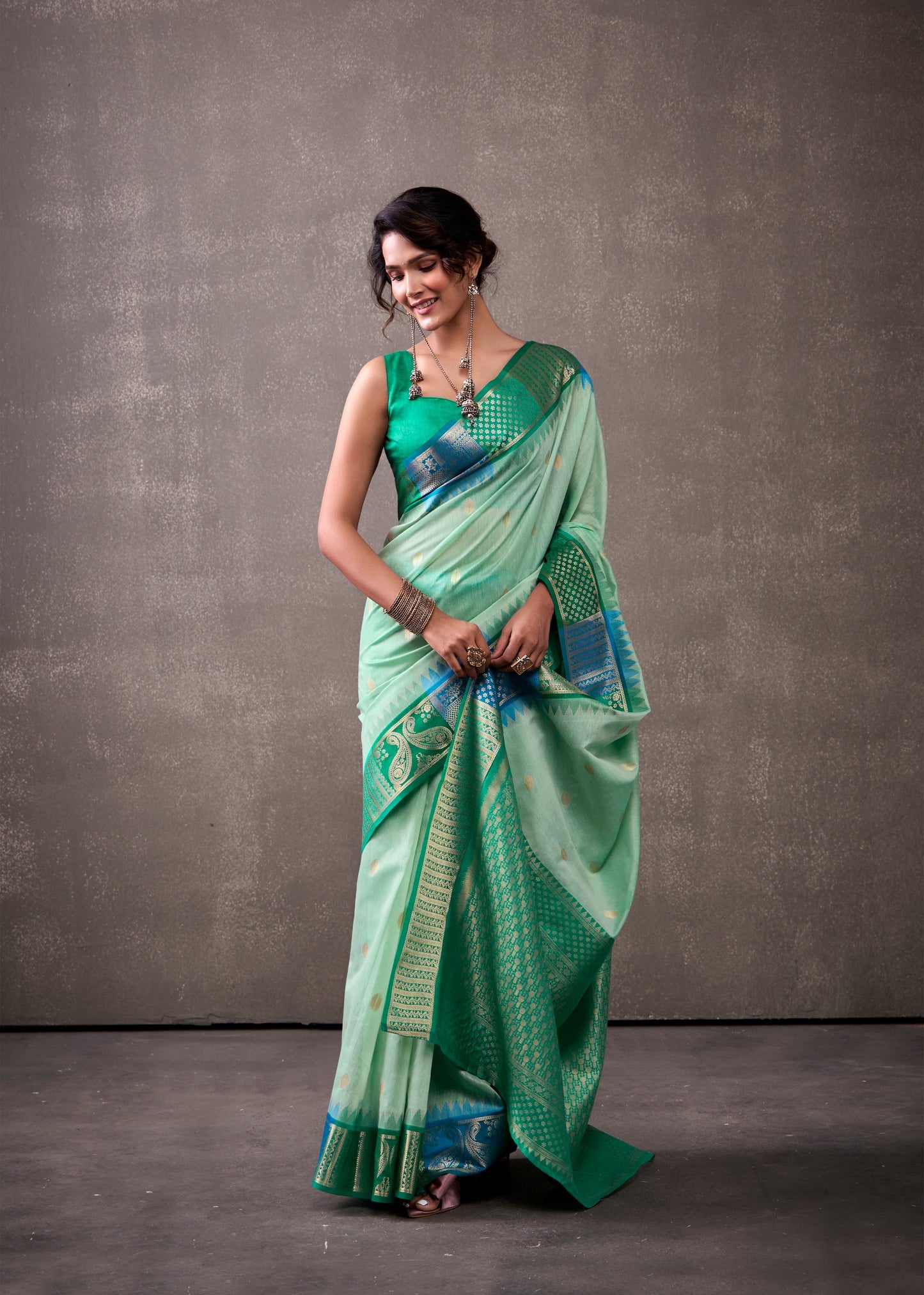 royal modal cotton saree with zari border and contrast blouse – festive ethnic wear for women