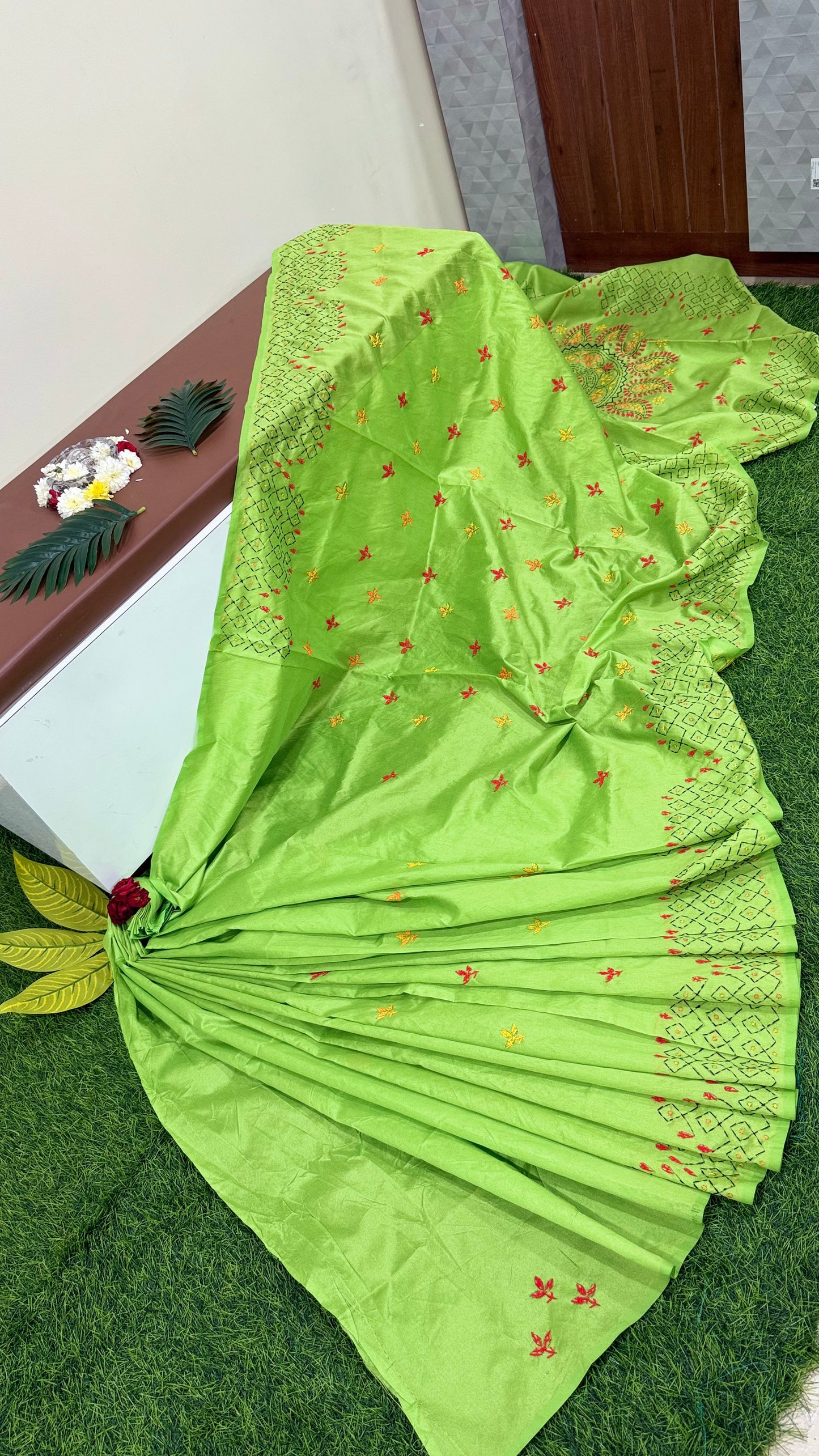 Assam Silk Saree with Kantha Stitch Hand Embroidery and Matching Blouse – Women’s Ethnic Wear