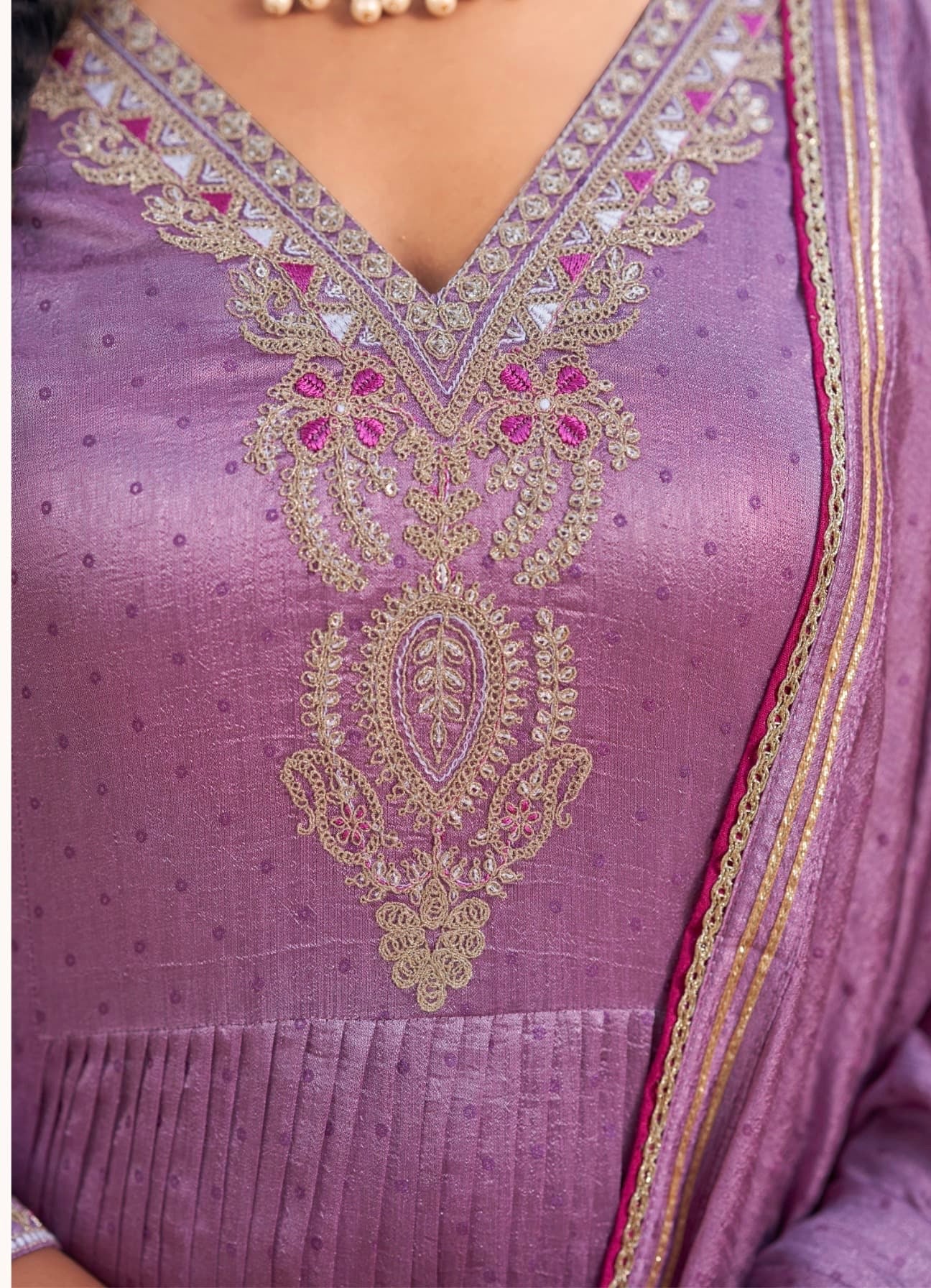 Silk Three-Piece Suit Set with Fancy Work and Ivory Print for Women – Sizes XL to 3XL