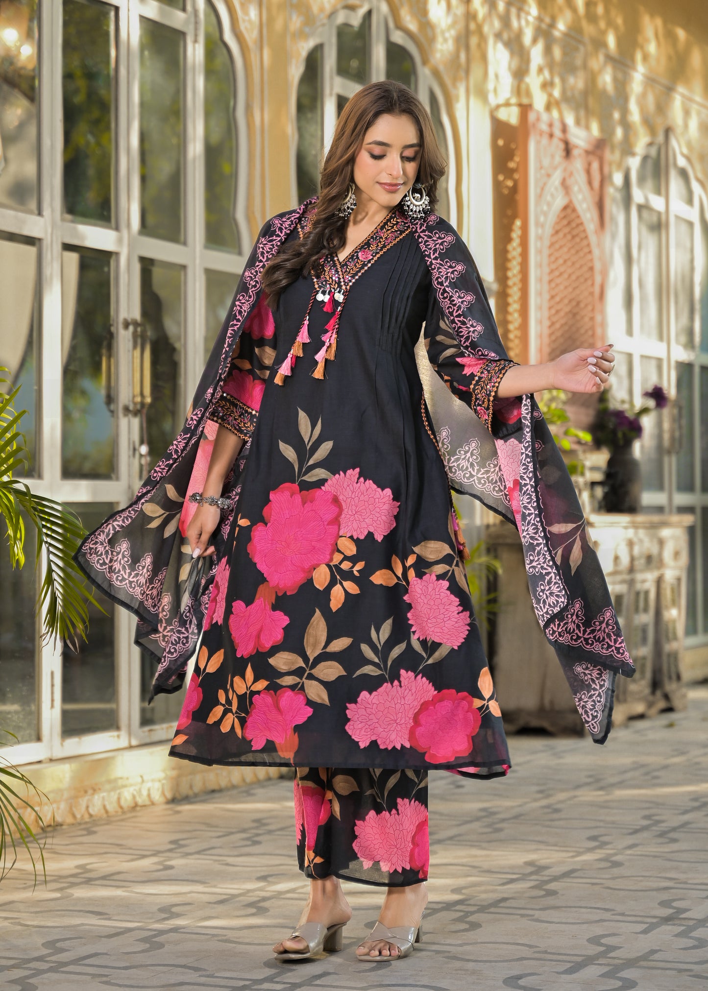 Floral Cotton Kurta Pant Dupatta Set with Pintuck Design Thread and Sequence Work for Women