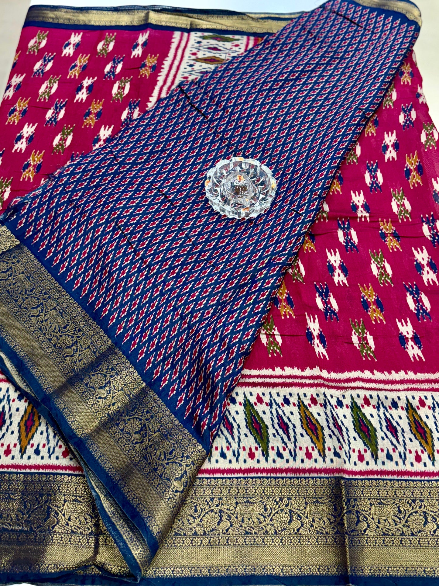 Semi Maheshwari Silk Saree with Zari Border & Ikat Style Weaving for Women