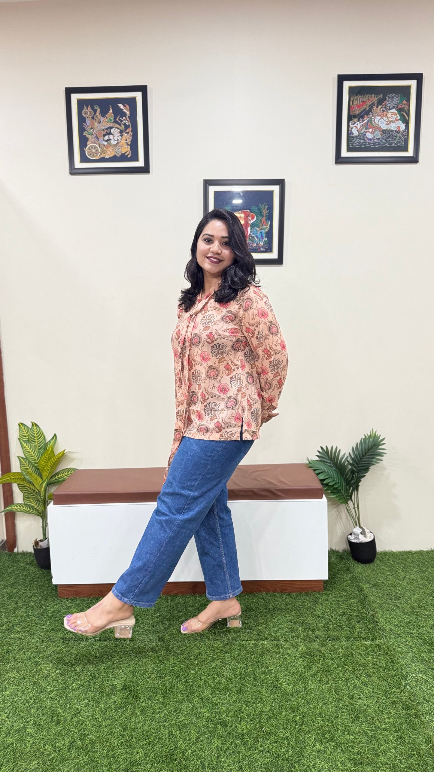 Peach Georgette Floral Print Regular Top