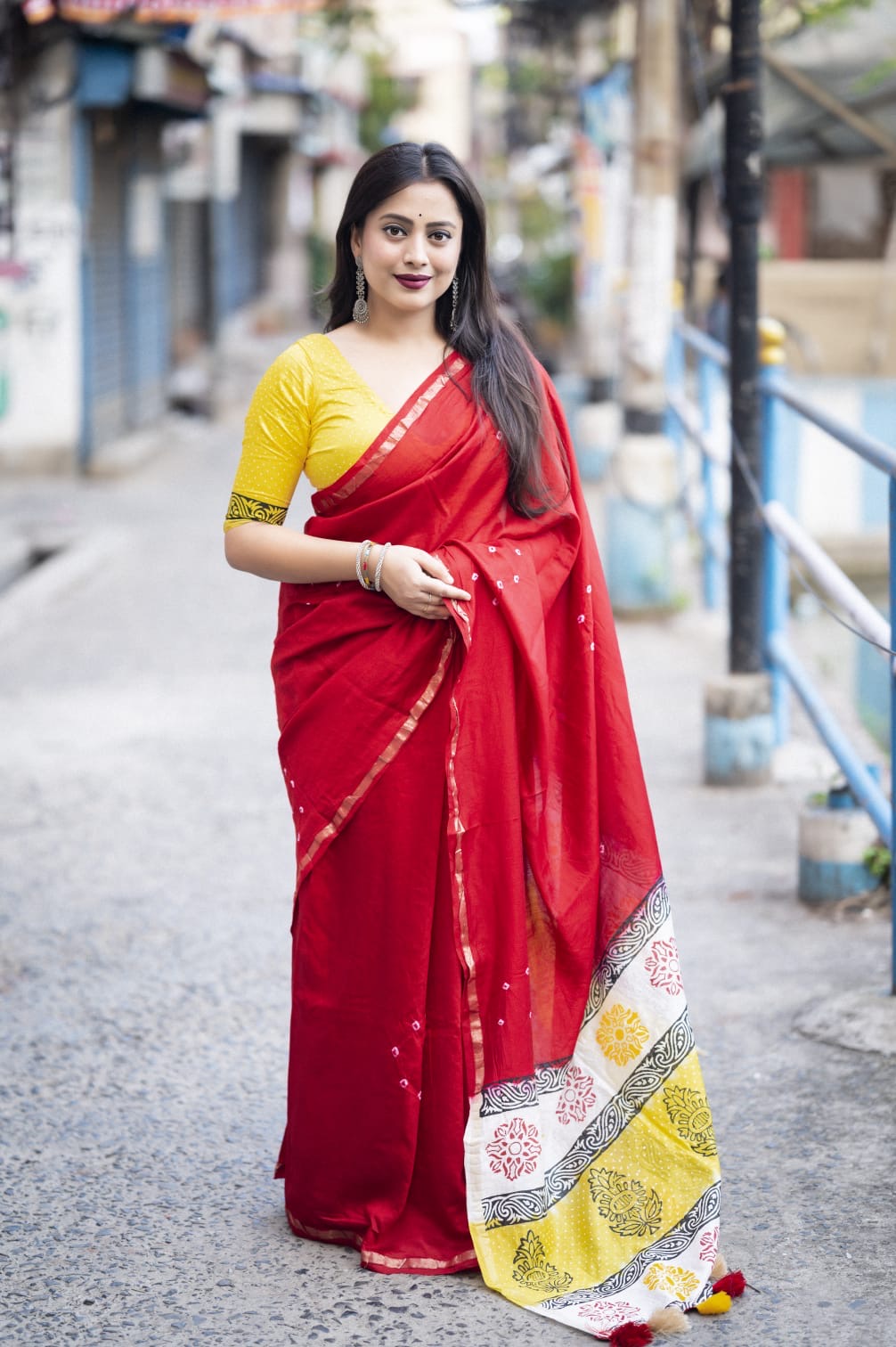 Exquisite Handcrafted Bandhani and Block Print Chanderi Cotton Saree