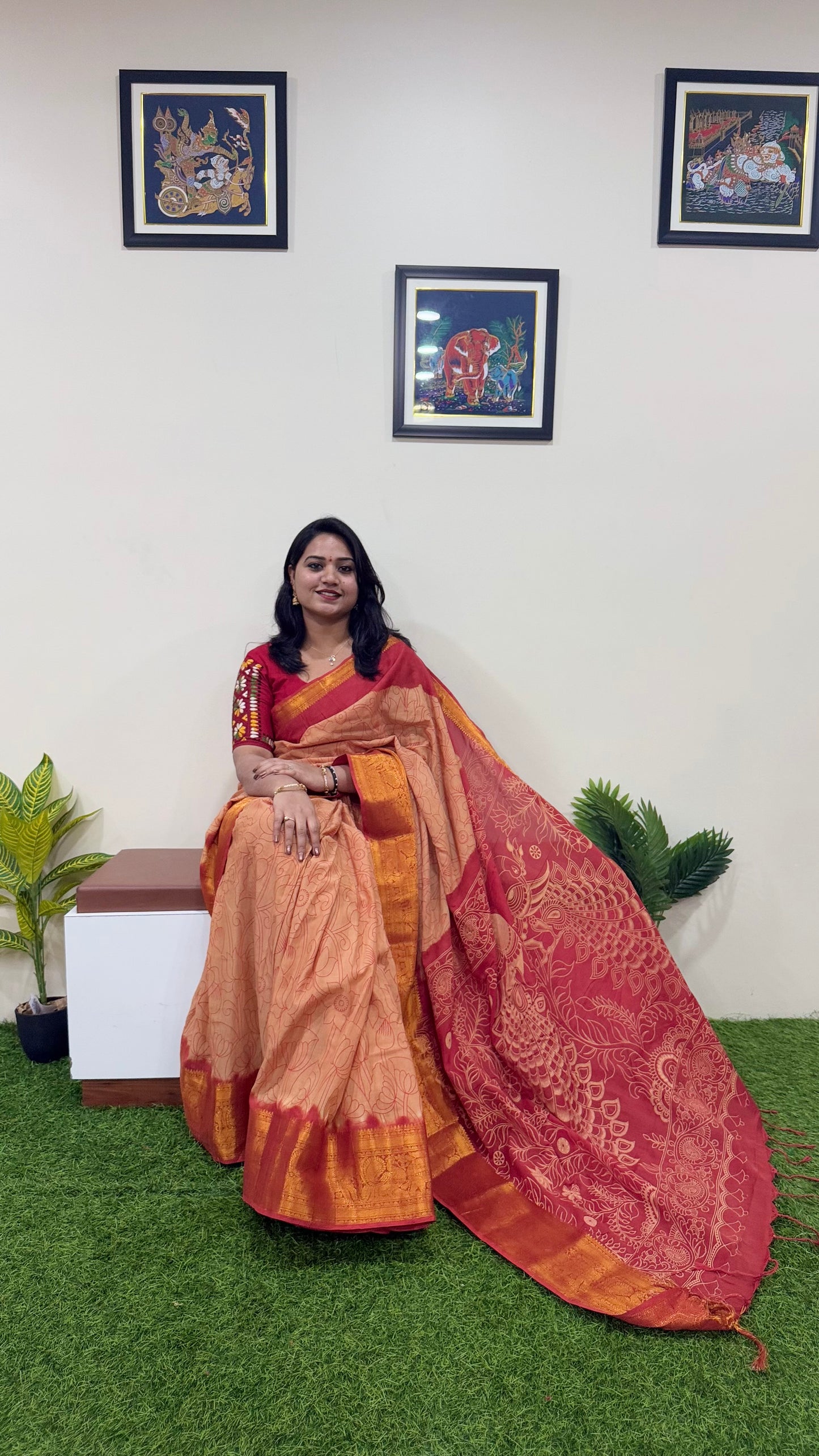 Exquisite Chennuri Pure Silk Saree with Kanchi Borders & Outline Kalamkari Designs