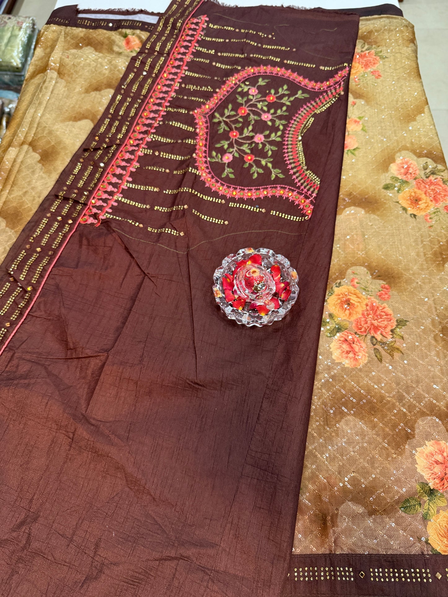 Designer Silk Saree with Embroidery Lace Work, Patchwork and Art Silk Blouse