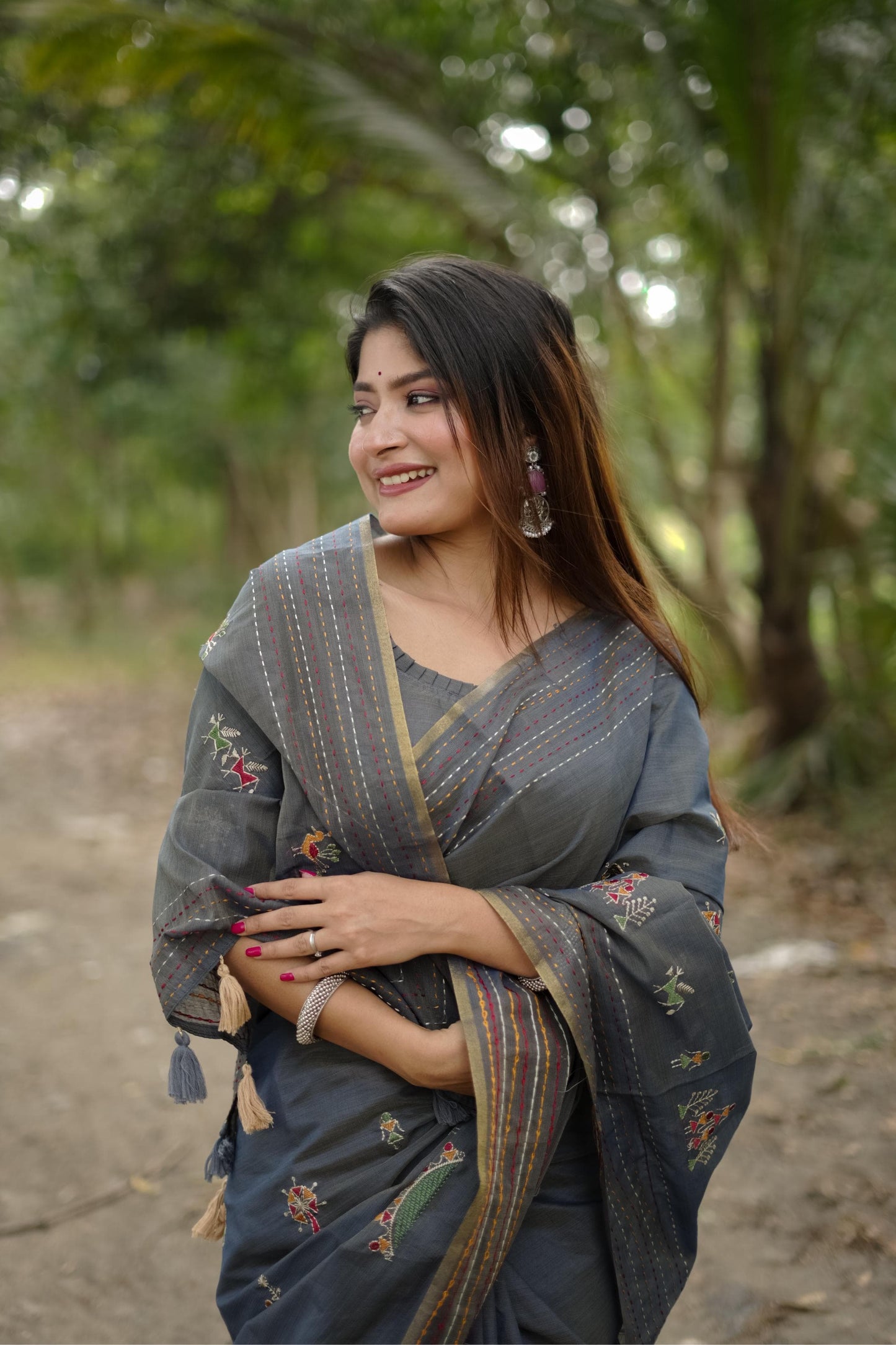 Kantha Stitch Border Saree Premium Kaadi Tussar Silk Saree
